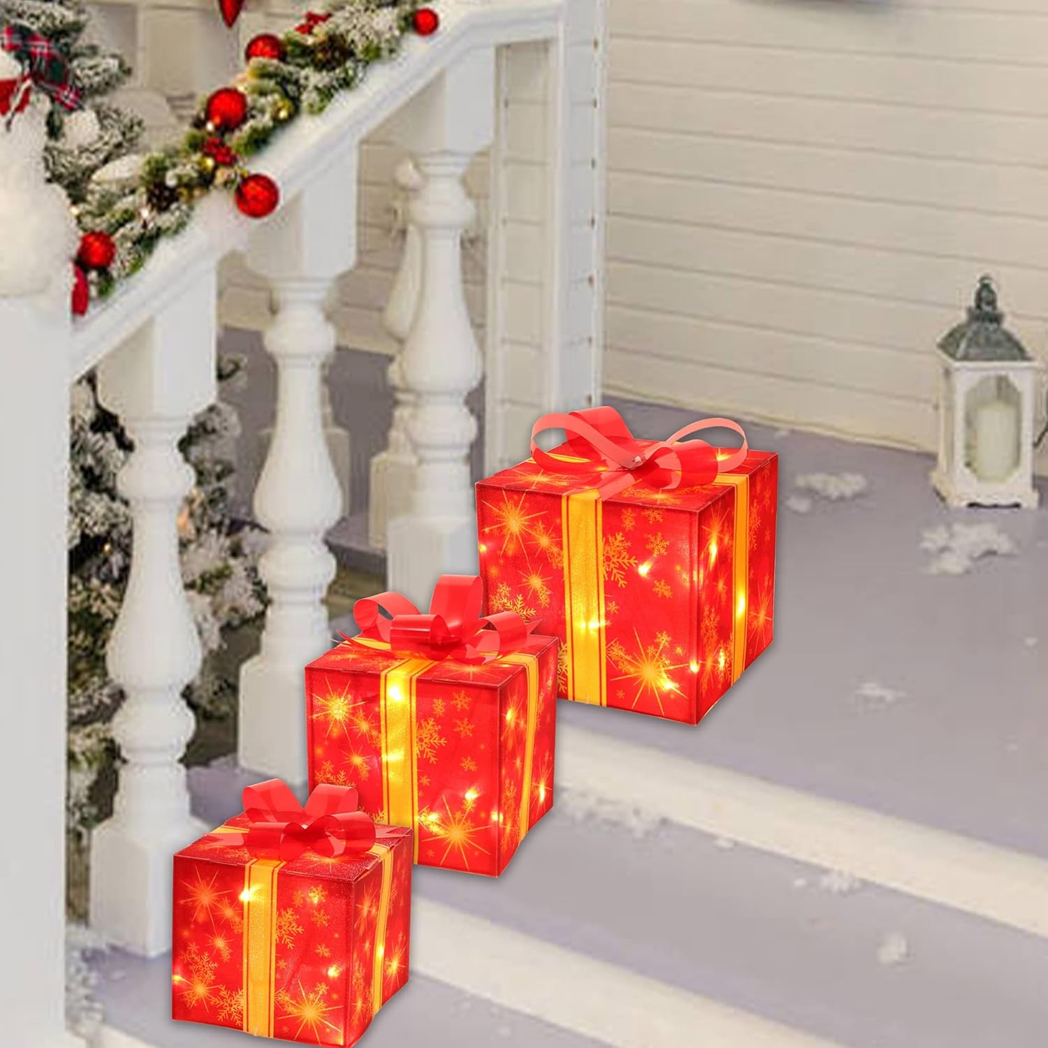 Cajas iluminadas de Navidad, juego de 3 cajas de regalo iluminadas con temporizador de 60 luces LED, funciona con pilas, decoraciones navideñas para