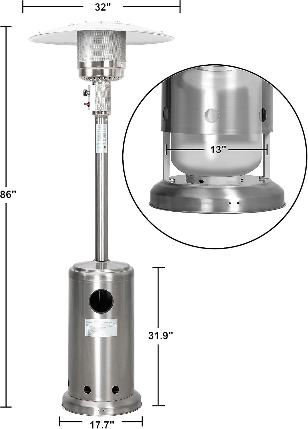 Nuu Garden Calentador de propano para exteriores, calentador de gas de 46,000 BTU para exteriores con ruedas desmontables, calentador portátil de