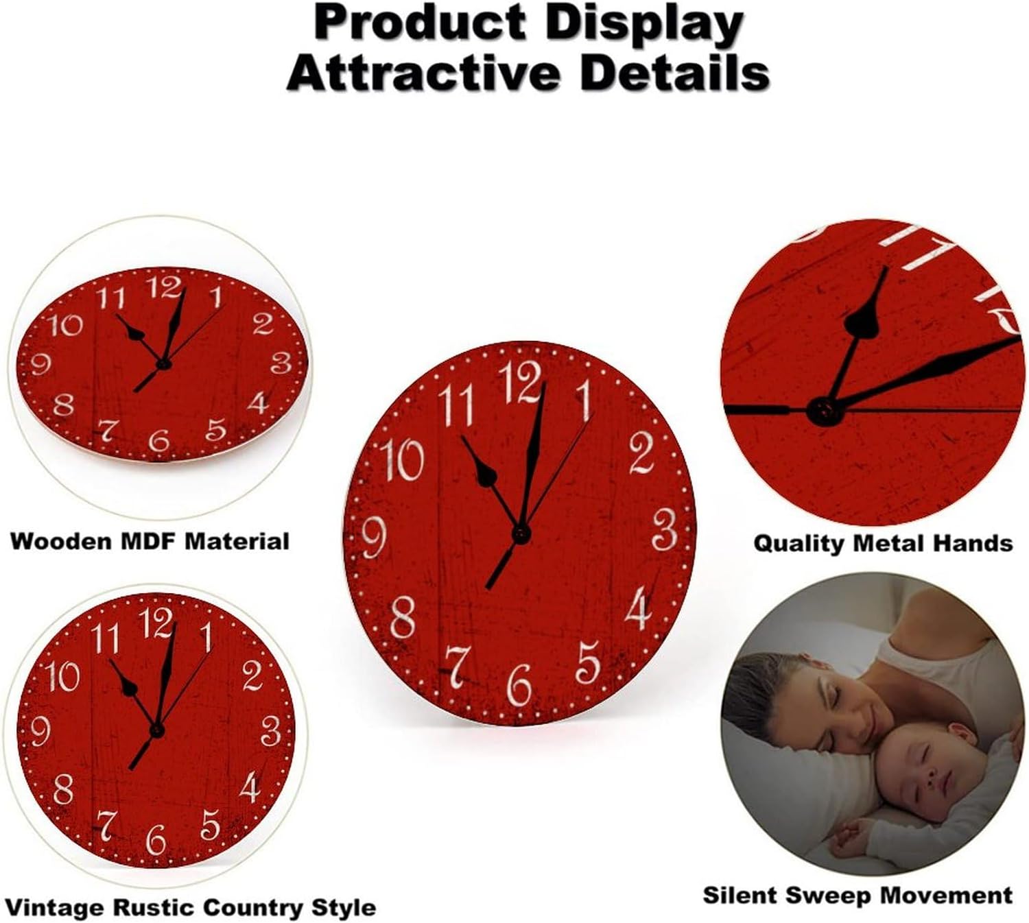 Reloj de pared rojo rústico de madera roja para sala de estar, funciona con pilas, reloj de pared silencioso de 15 pulgadas, reloj redondo retro