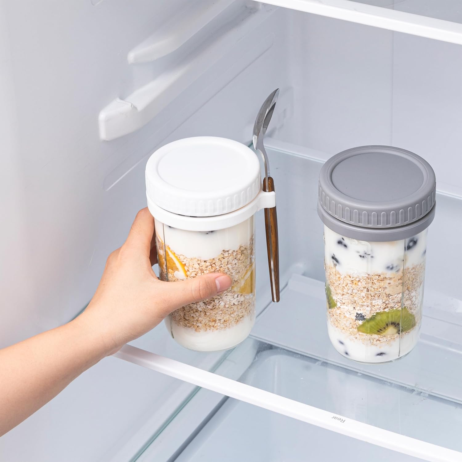Paquete de 4 recipientes de avena con tapas herméticas y cucharas, tarros de vidrio de 21 onzas con marcas de medición, tarros de avena para