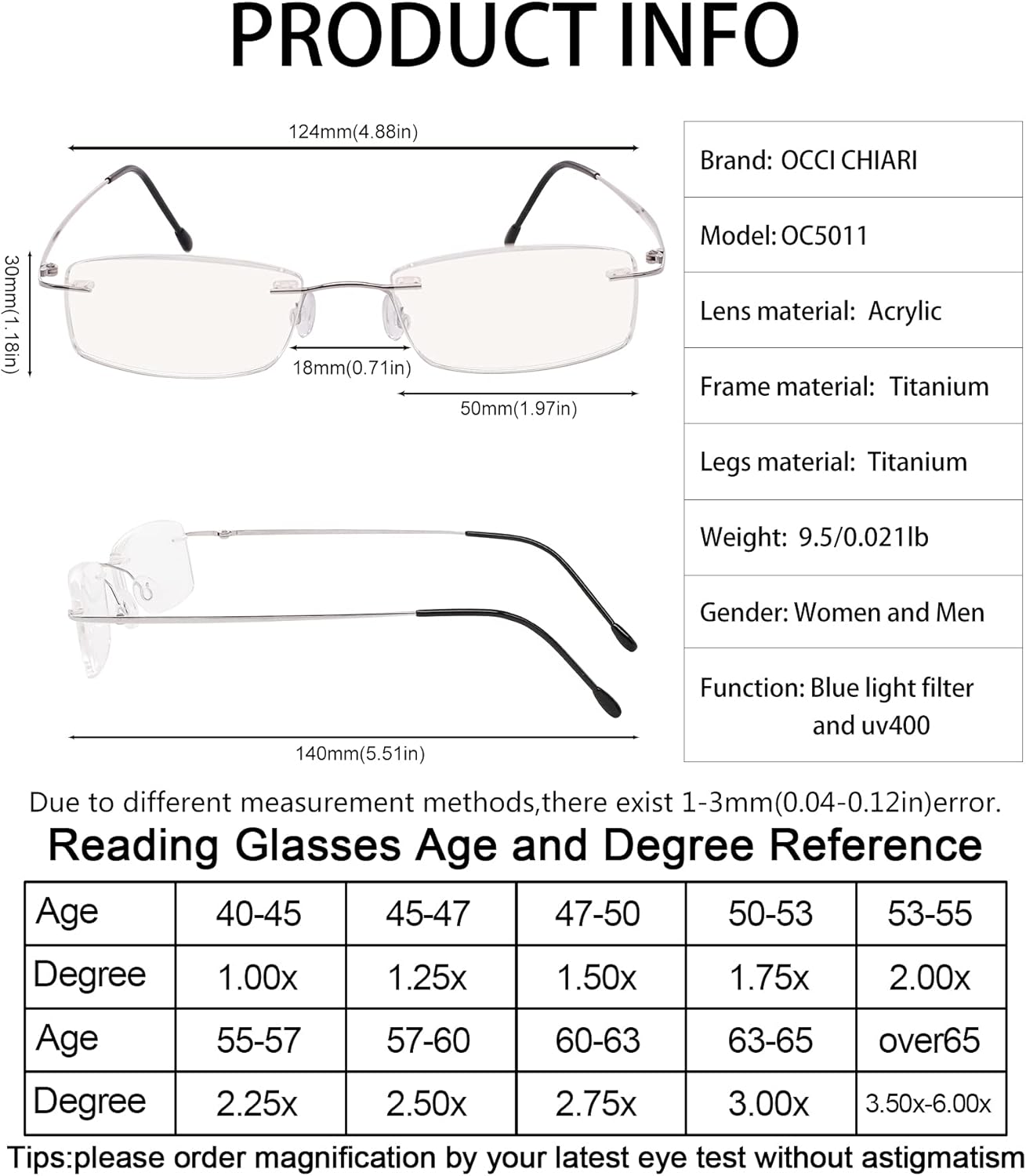 OCCI CHIARI Lentes de lectura de 1.5 con bloqueo de luz azul para mujer y mujer, diseño con bisagra de resorte duradera sin marco 1.0 1.25 1.5 1.75