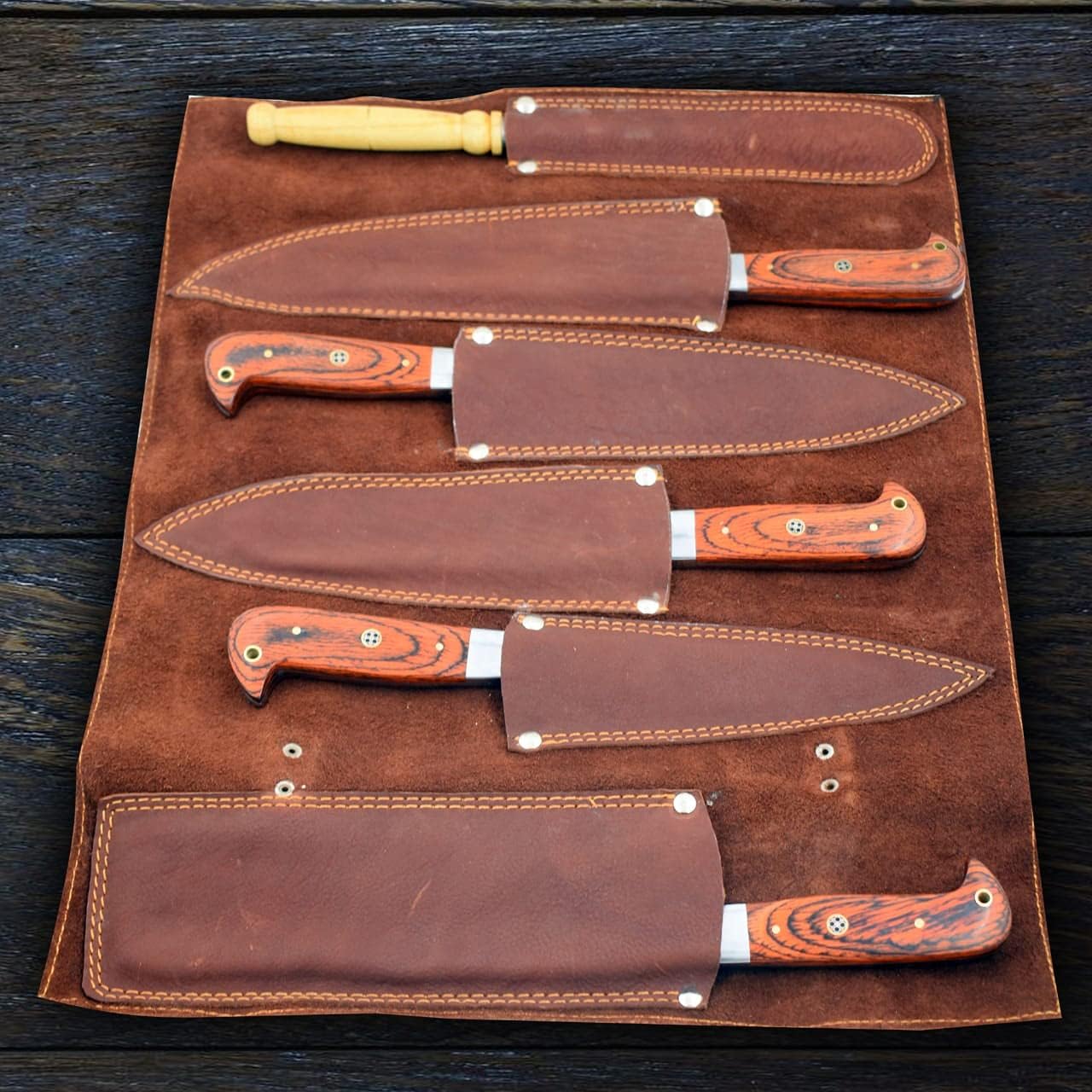 Wild Turkey Handmade Damasco – Juego de cuchillos de chef de cocina de 6 piezas, cuchillas completas de espiga marrón y azul, mango de madera de