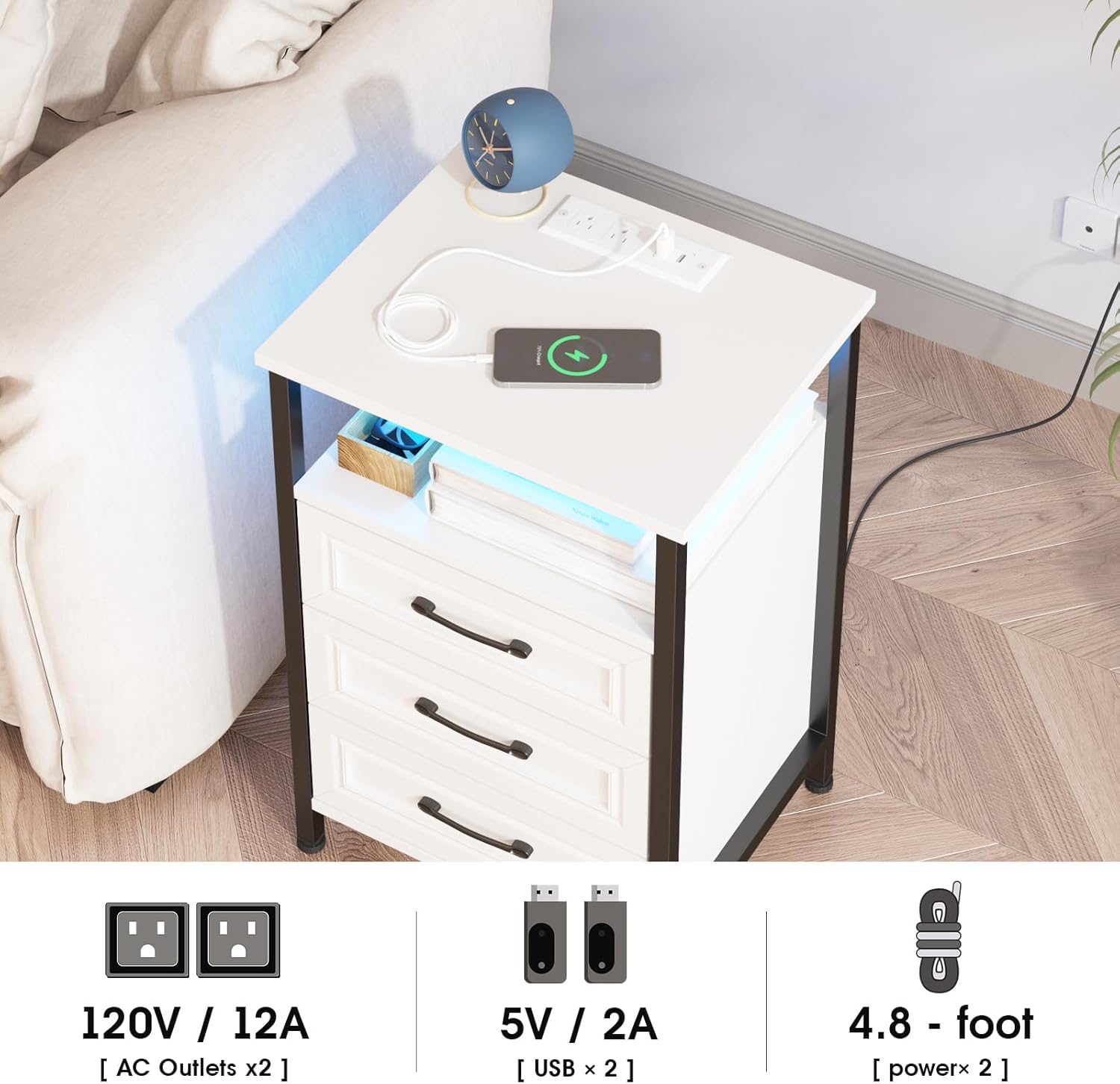 Fameill Juego de 2 mesitas de noche con estación de carga, 3 cajones con luces RGB, mesas de noche modernas con estantes de almacenamiento, mesas