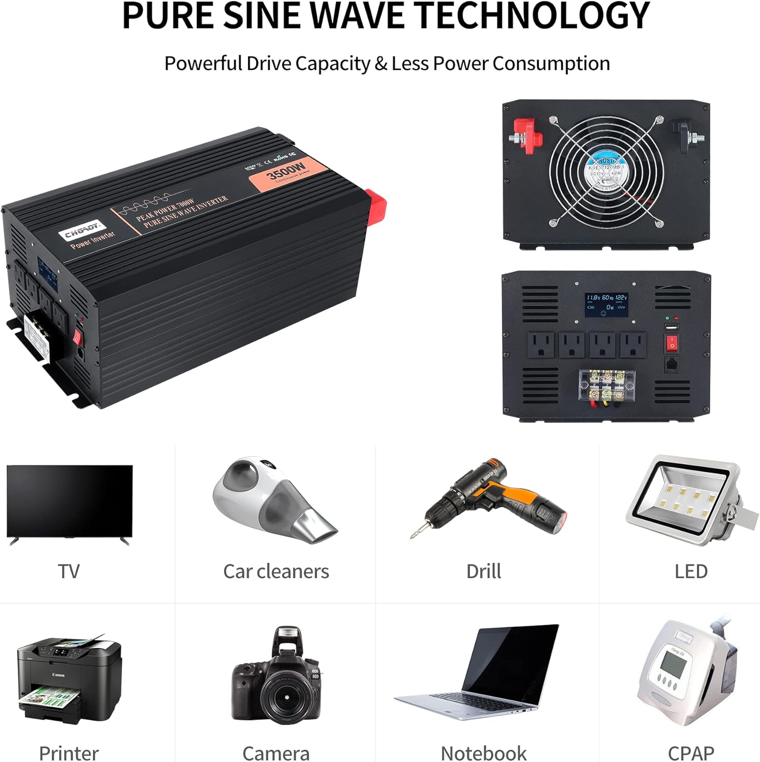 Inversor de corriente, inversor de onda sinusoidal pura de 3500 W, CC 12 V a CA, 120 V, inversor de automóvil con pantalla digital LCD, control