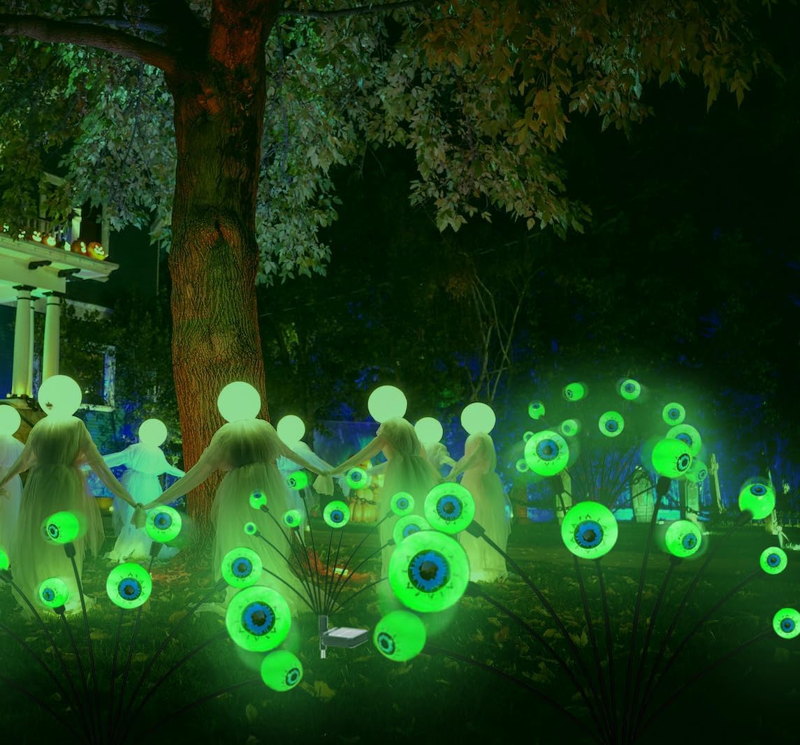 Luces solares de Halloween para exteriores, luces de ojos oscilantes y aterradoras, 2 paquetes de 20 globos LED verdes, decoración de Halloween,