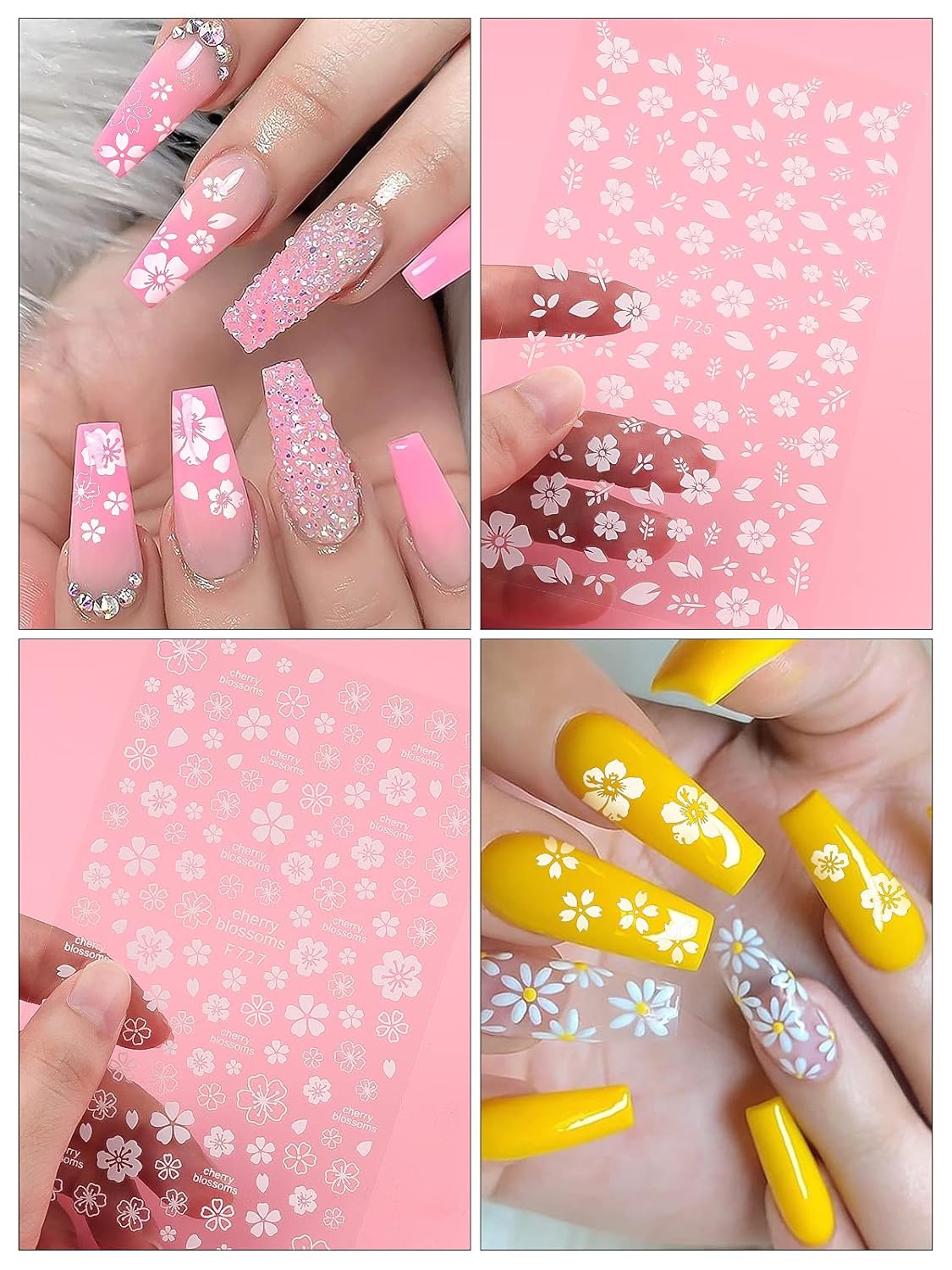 EBANKU – Calcomanías para uñas de flor de cerezo, 8 hojas autoadhesivas de flores blancas para uñas acrílicas, suministros de arte de uñas para