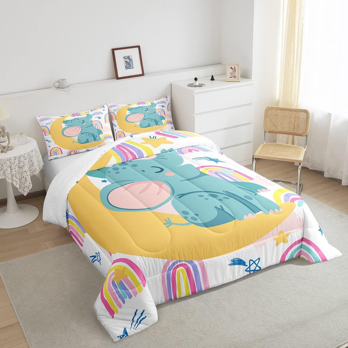 Feelyou Juego de edredón con diseño de arco iris, juego de ropa de cama con estampado de elefante, lindo juego de edredón acolchado de animales para