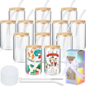 12 vasos de sublimación de vidrio esmerilado de 12 onzas con tapas de bambú y pajitas, tarros de cerveza transparentes con 12 cajas de regalo para 12 vasos de sublimación de vidrio esmerilado de 12 onzas con tapas de bambú y pajitas, tarros de cerveza transparentes con 12 cajas de regalo para
