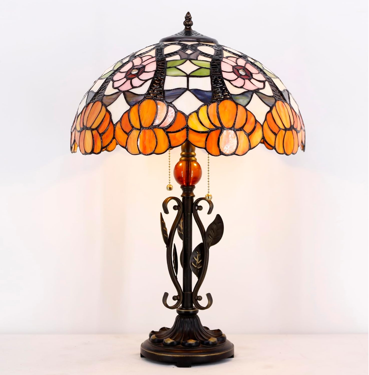 Tiffany – Lámpara de mesa con diseño de flores amarillas, luz de lectura para escritorio, 16 x 16 x 24 pulgadas, base de hojas de metal para