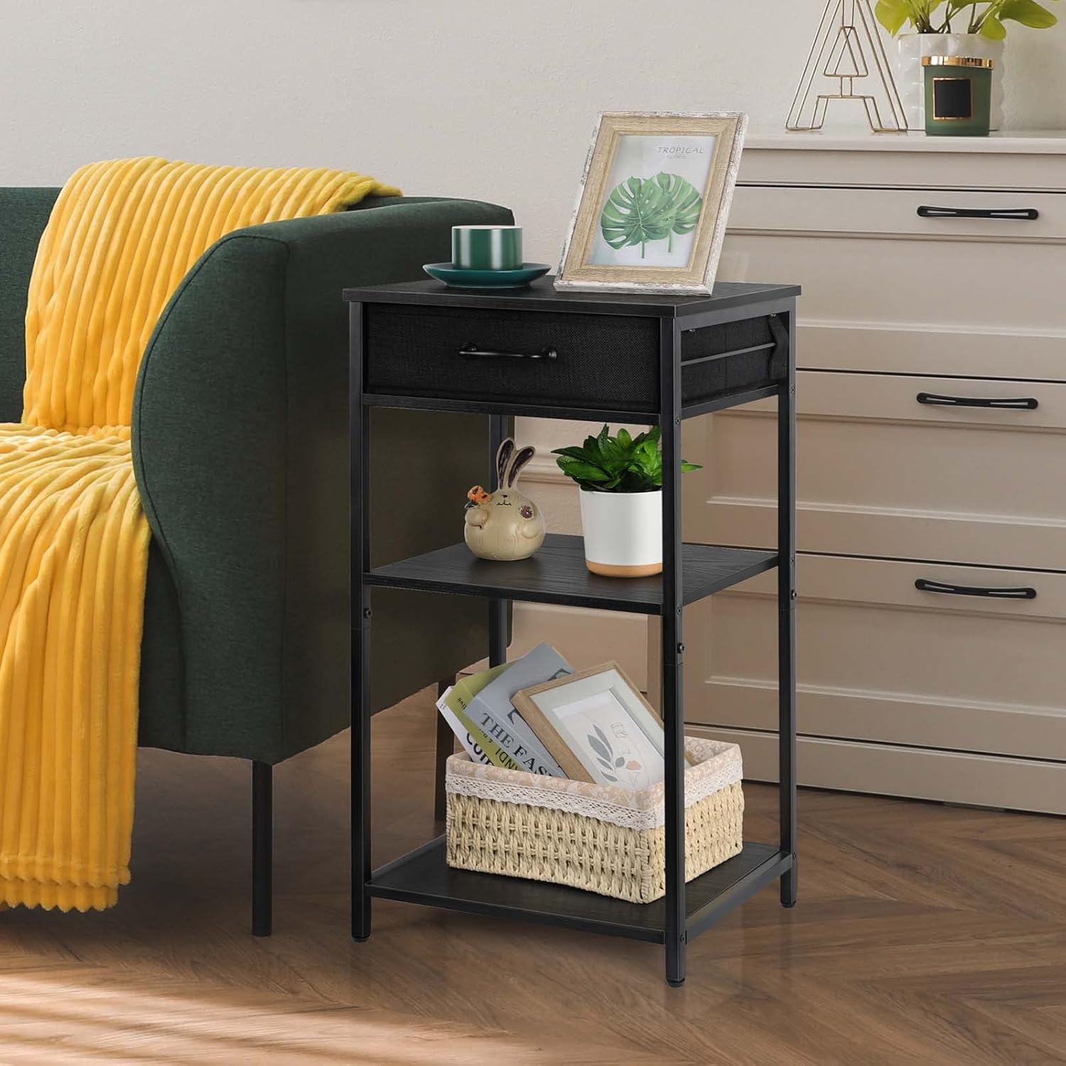 Soporte para impresora de 3 niveles debajo del escritorio, mesa pequeña para impresora con cajones de almacenamiento, estante de impresora de madera