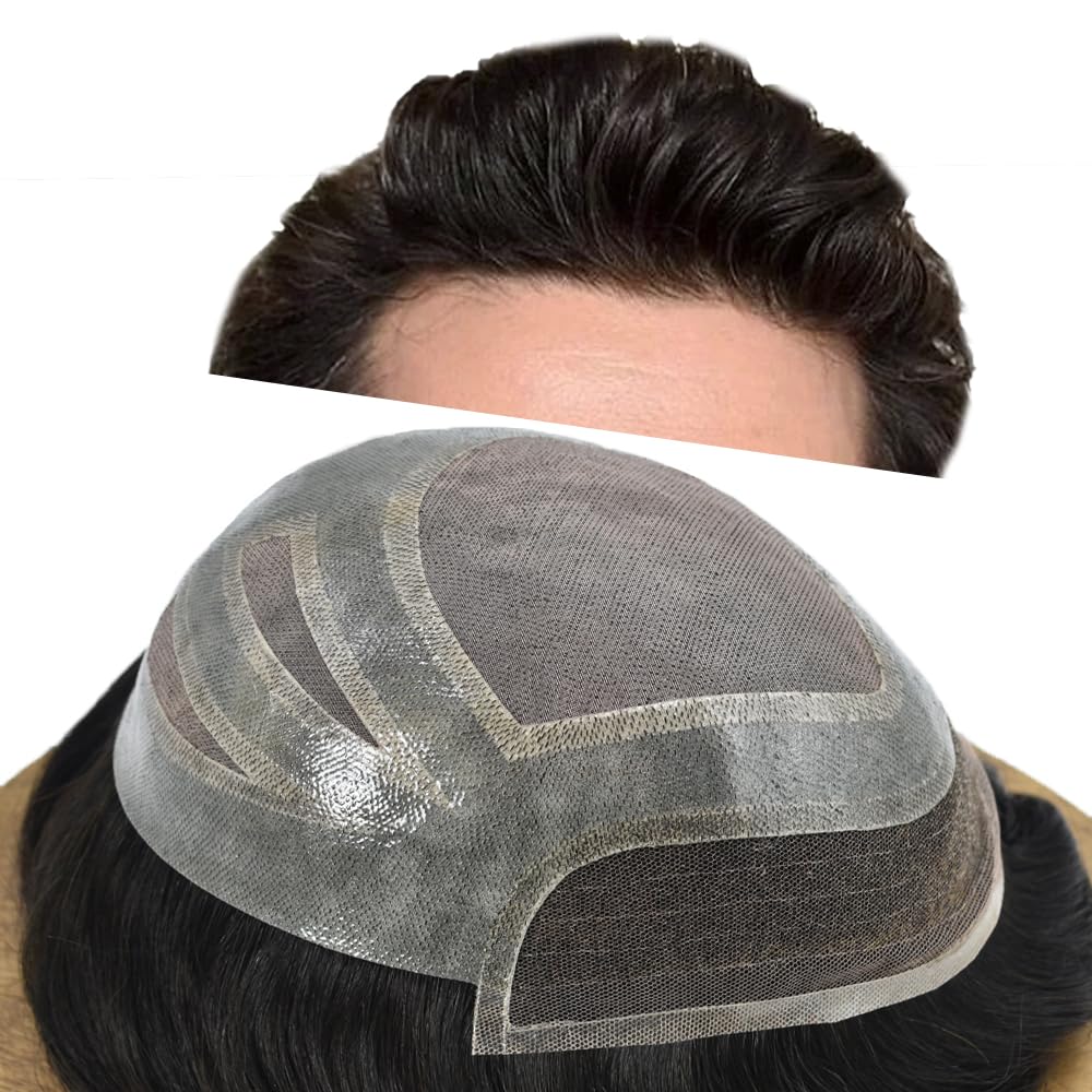 RESHE Sistema de cabello para hombres, pieza de cabello humano real, pieza fina mono para hombre, postizo de encaje frontal, unidad de cabello para