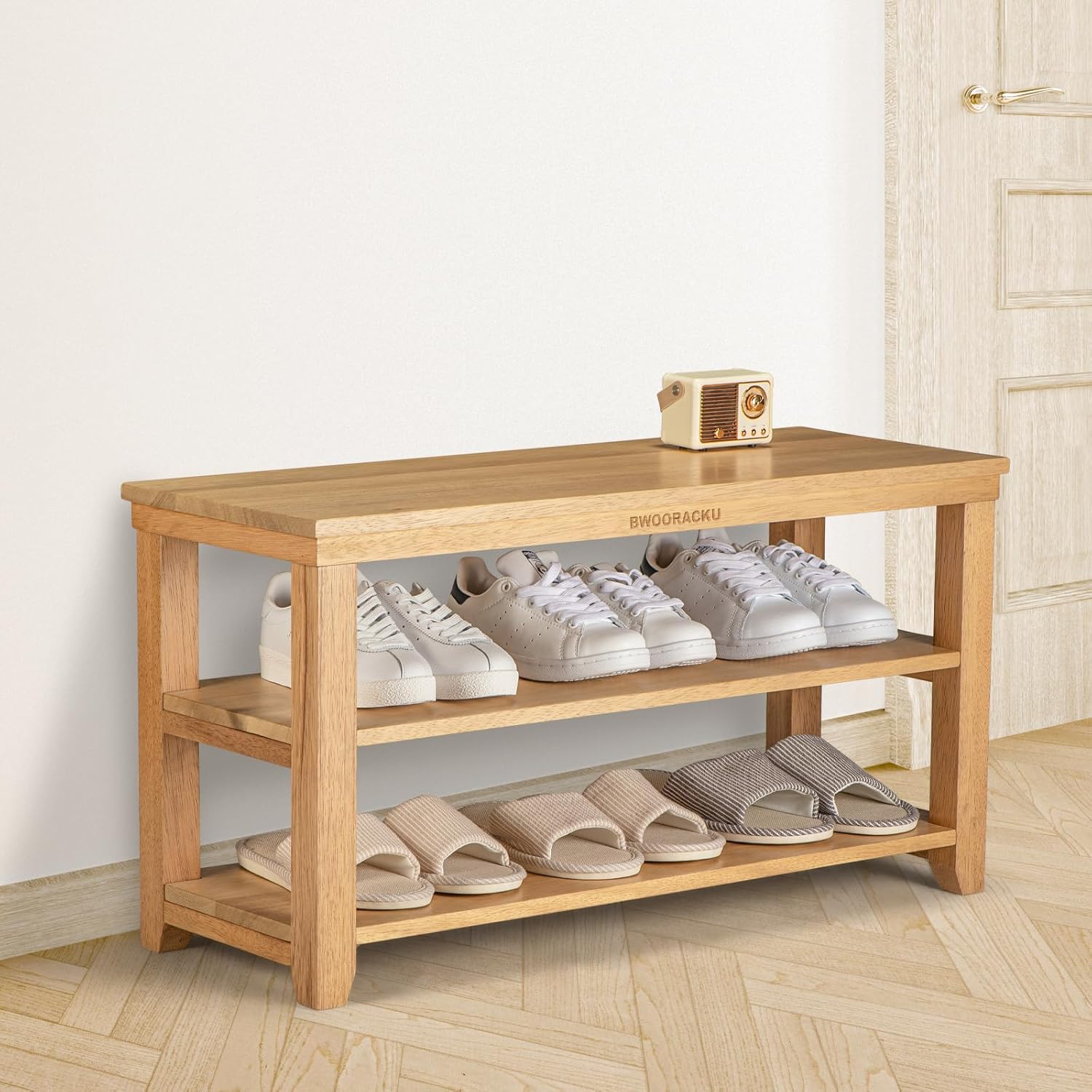 Zapatero de madera maciza, almacenamiento de zapatos de entrada de 3 niveles, soporta hasta 550 libras, estante organizador de zapatos para pasillo,