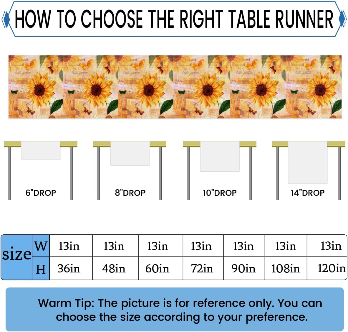 Table Runner Rustic Floral Sunflowers, Autumn Rustic Linen Table Cloth Kitchen Dining Table Decor for Home Party 13 x 72 Inches
