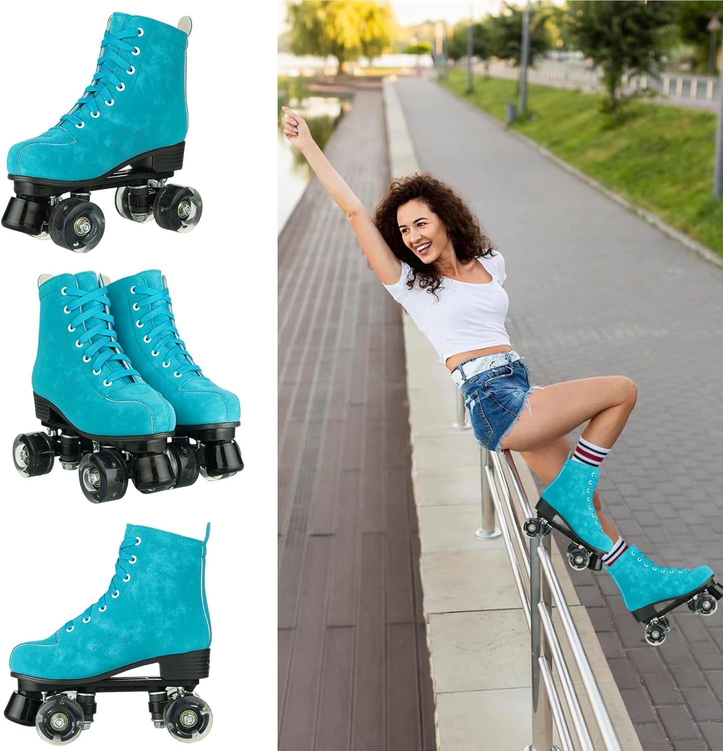 Silvertree Patines de ruedas para mujeres y hombres, de piel sintética, para adultos, patines Derby con ruedas iluminadas, cuatro ruedas brillantes,