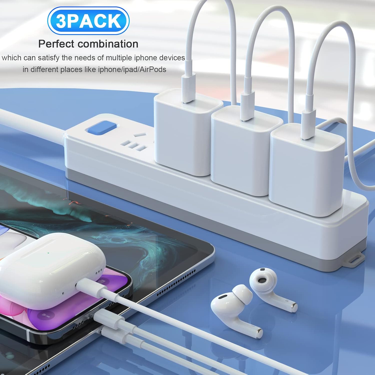 Paquete de 3 cargadores de iPhone certificado MFi, bloque de cargador de pared USB C de 20 W PD con cable tipo C a Lightning de 6 pies, adaptador de