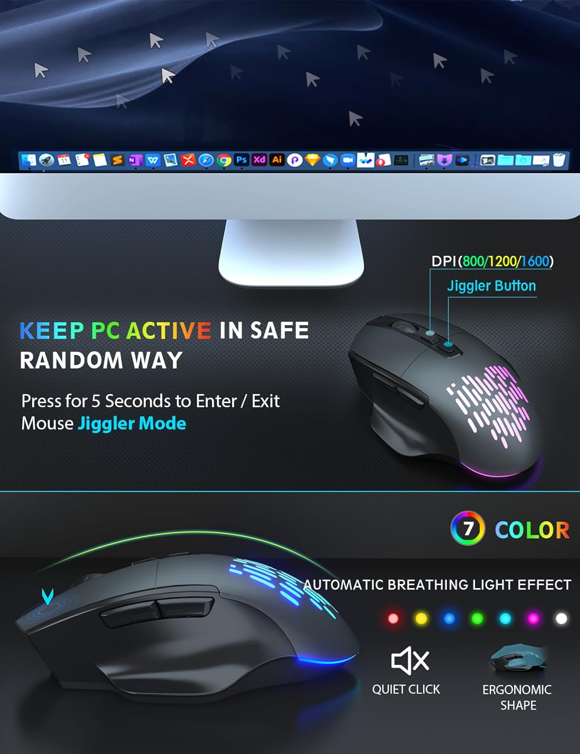 Retroiluminación inalámbrica para teclado y mouse, reposamuñecas, mouse Jiggler, teclado ergonómico recargable con soporte para teléfono, combo de
