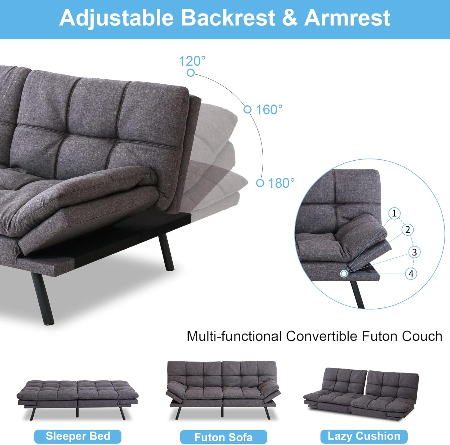 Opoiar, Moderno convertible, sofá de espuma viscoelástica, sofá biplaza futón, sofá de cama ajustable de lino transpirable, sofá cama ajustable de