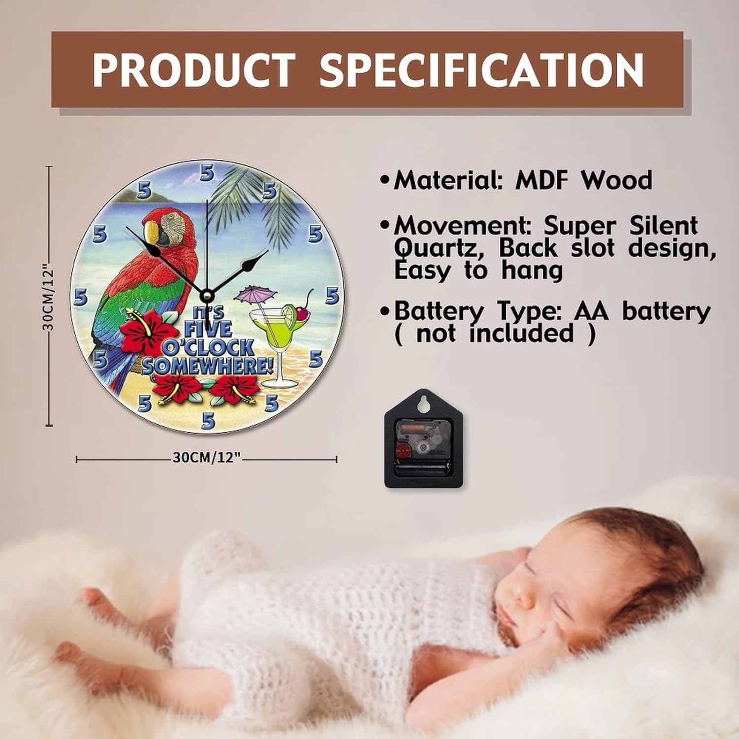 ArogGeld Reloj tropical en algún lugar de madera, reloj de pared de madera, funciona con pilas, 12 pulgadas, sin tictac, moderno, para sala de