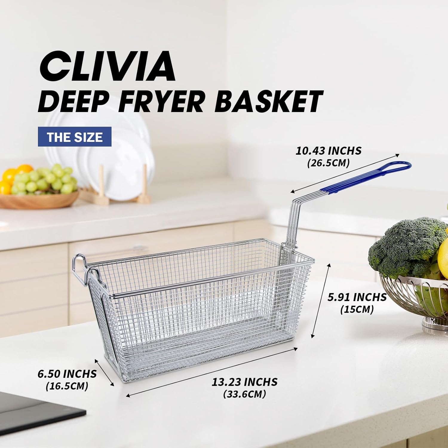 Clivia Cesta de freidora comercial de acero inoxidable de 13 x 6.5 x 6 pulgadas con mango largo antideslizante para freír cocina, restaurante, uso