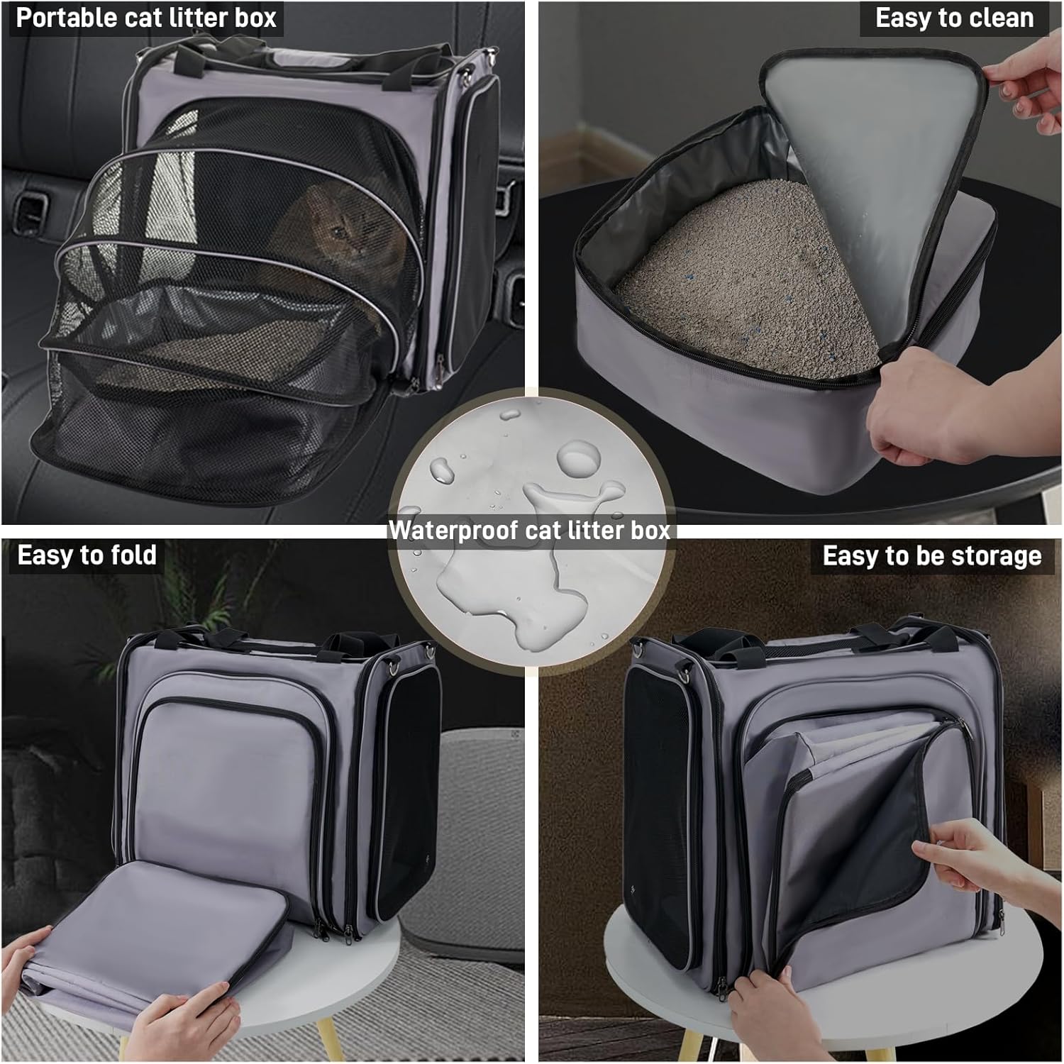 Transportador de viaje grande para gatos con caja de arena para gatos, transportador portátil expandible para gatos con caja de arena plegable a