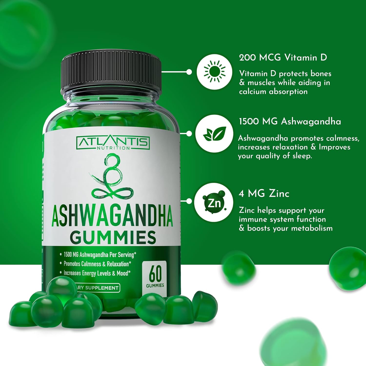 Atlantis Nutrition Paquete de 2 potenciadores de testosterona (120 gomitas) + Ashwagandha 60 gomitas