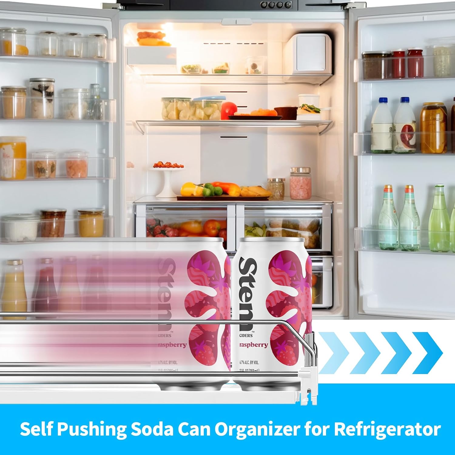 Dispensador de latas de soda para refrigerador, organizador de bebidas autoempujable para refrigerador, ancho ajustable, dispensador de botellas de