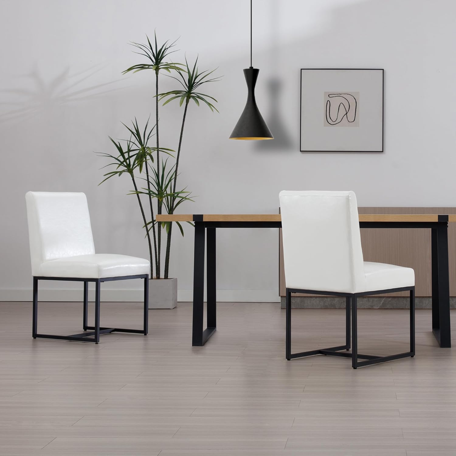 Wahson Set of 2 Upholstered Dining Chair, Faux Leather Mid Century Modern Kitchen Leather Chair Armless for Dining Room, with Black Finish Metal