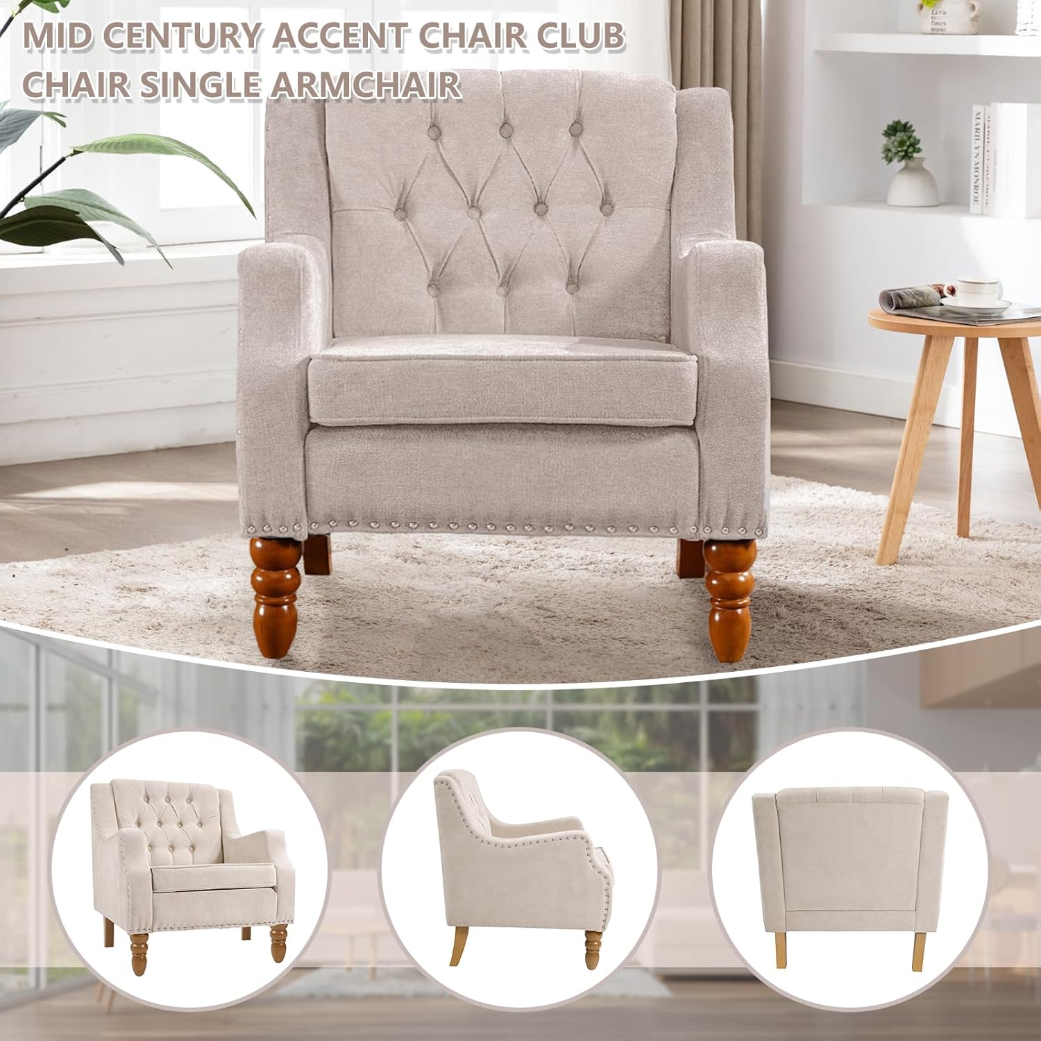 TTK Sillas decorativas de tela de lino, moderna de mediados de siglo, silla decorativa tapizada individual con respaldo, cómoda silla de lectura con
