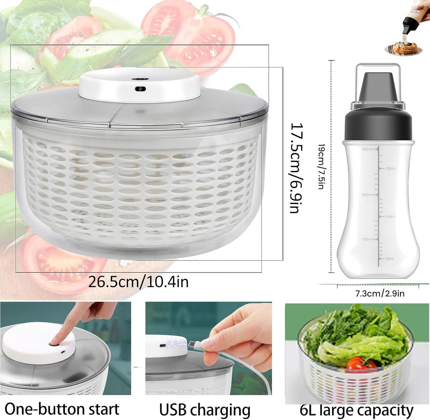 Girador eléctrico de ensalada de 6.3 cuartos de galón con botella de plástico para apretar, lavadora de frutas con cuenco y colador, mezclador