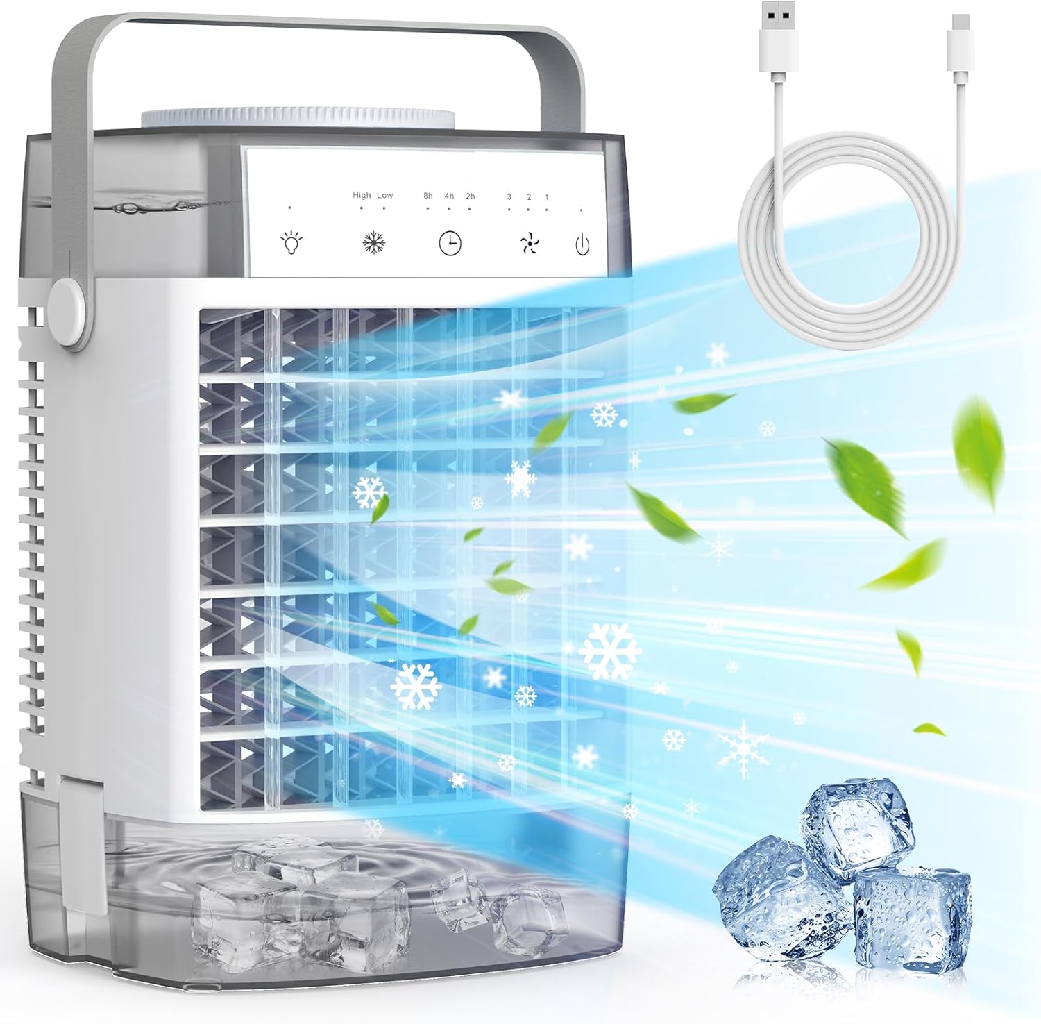 Aire acondicionado portátil, unidad de CA pequeña de 3 velocidades, enfriador de aire evaporativo con función de temporizador, luz nocturna de 7