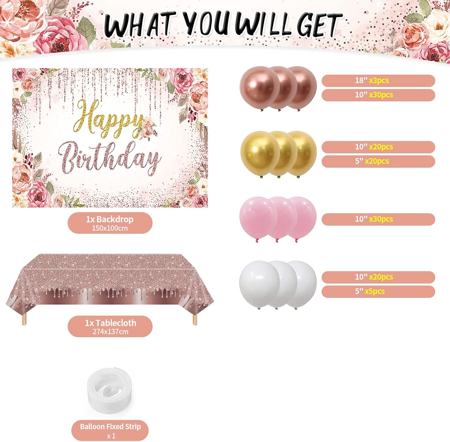 Decoraciones florales de feliz cumpleaños para mujer, 131 piezas de suministros de fiesta de cumpleaños con flores de oro rosa, incluyendo telón de