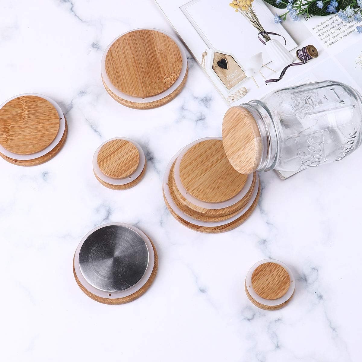 TiaoBug Tapas de bambú reutilizables Marson Jar Silicone Seal Ring Tapas Tapas para tarros Mason Jars Conservas Beber Frascos Tipo E 3.346 in
