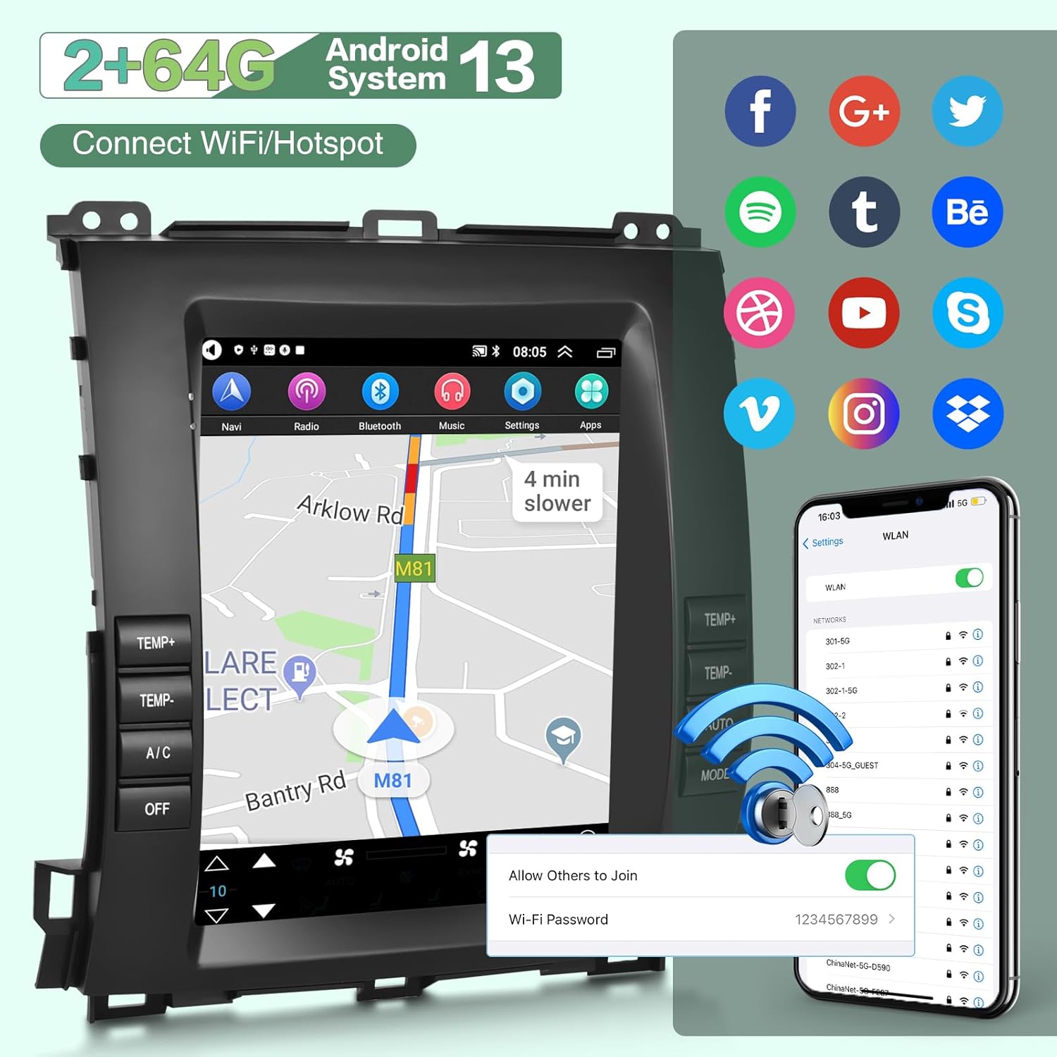 2G+64G Android 13 Radio de coche para Lexus GX470 Toyota Prado 2002-2009, pantalla táctil vertical estéreo de 9.7 pulgadas, Apple CarplayAndroid