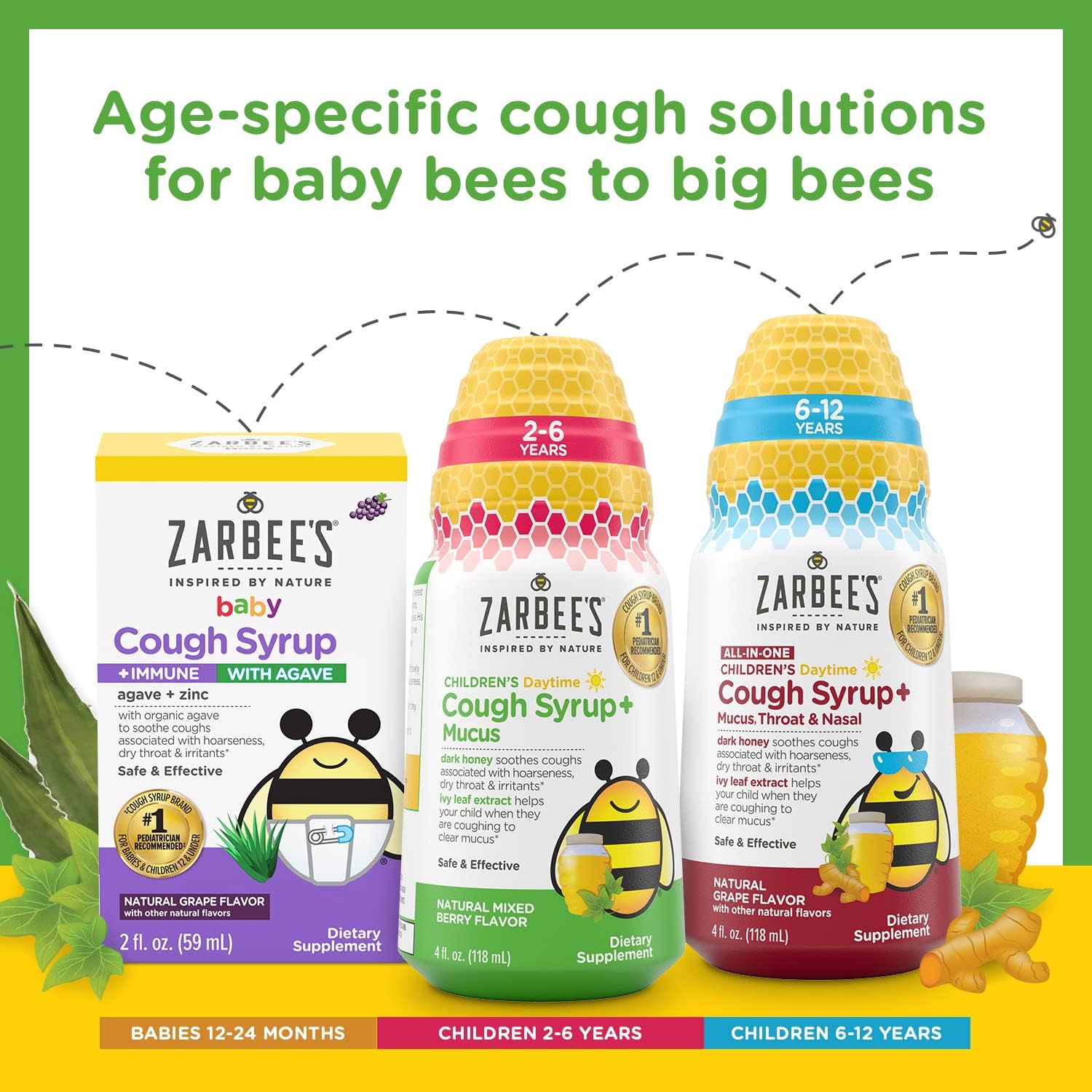 Zarbee’s Tos + moco para niños de 2 a 6 años con miel oscura, hoja de hiedra, zinc y saúco, 1 recomendado por pediatra, sin drogas ni alcohol, sabor