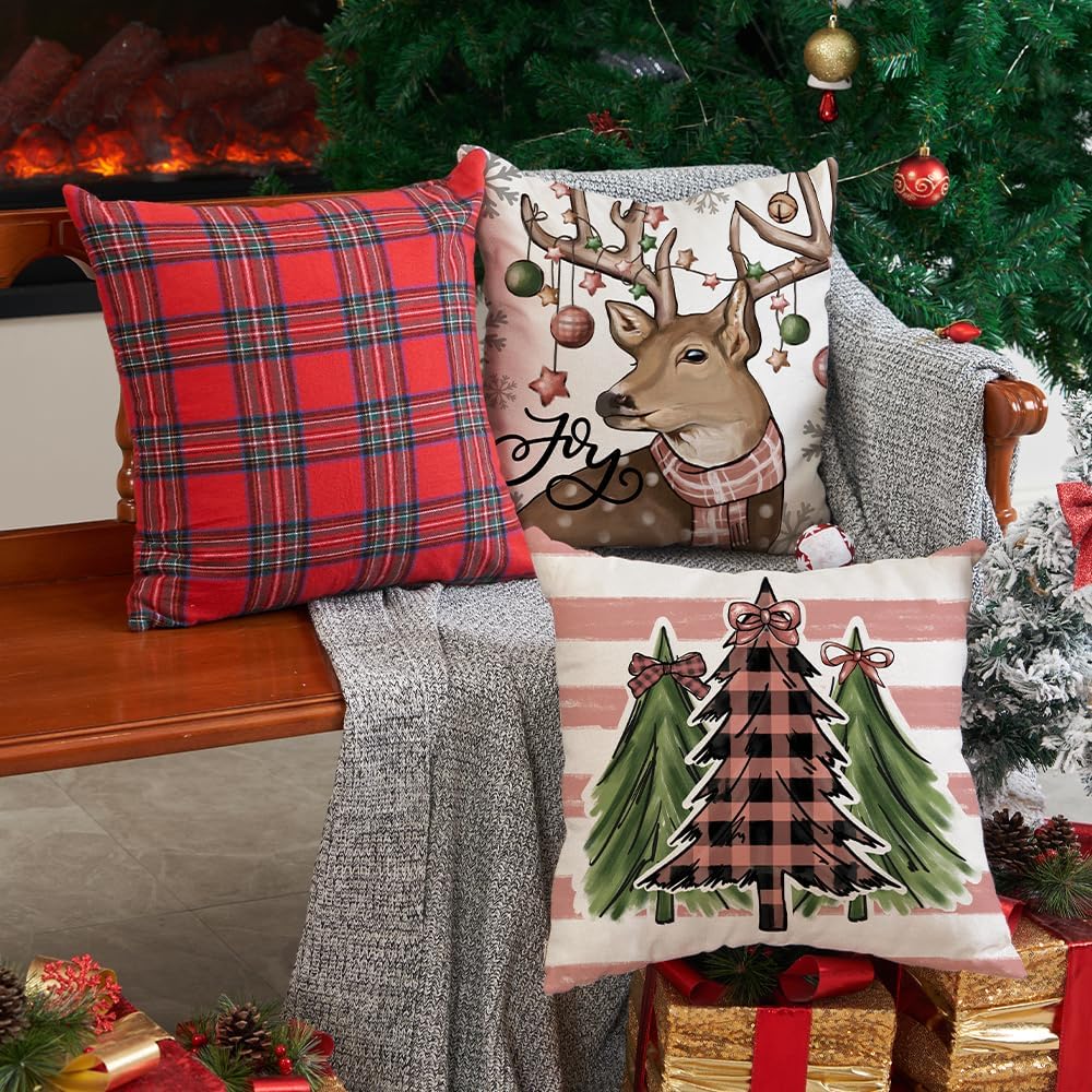 DFXSZ Juego de 4 fundas de almohada navideñas de 18 x 18 pulgadas, diseño de muñeco de nieve de Navidad, renos, rosa y negro, bufanda decorativa de