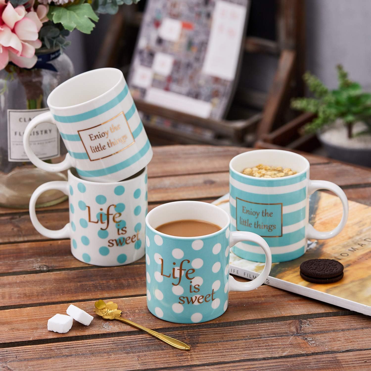 Bruntmor Juego de 4 tazas de café de 11 onzas, 18 onzas, juego de tazas de café grandes de porcelana de colores degradados, apilables, el mejor