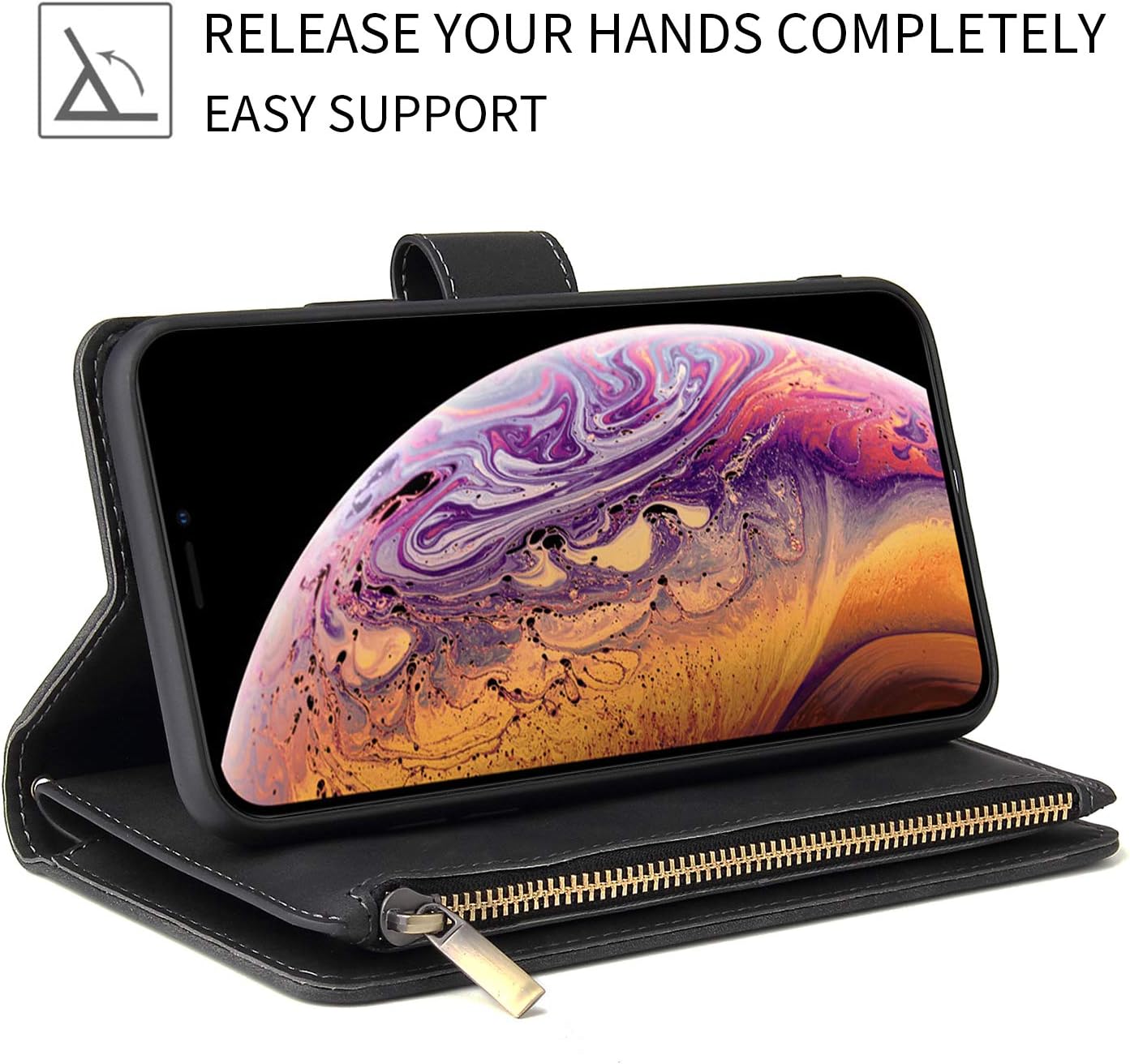 UEEBAI Wallet Case for iPhone 11 6.1 inch, Premium Vintage PU Leather Magnetic Closure Handbag Zipper Pocket Case Kickstand Card Slots with Wrist