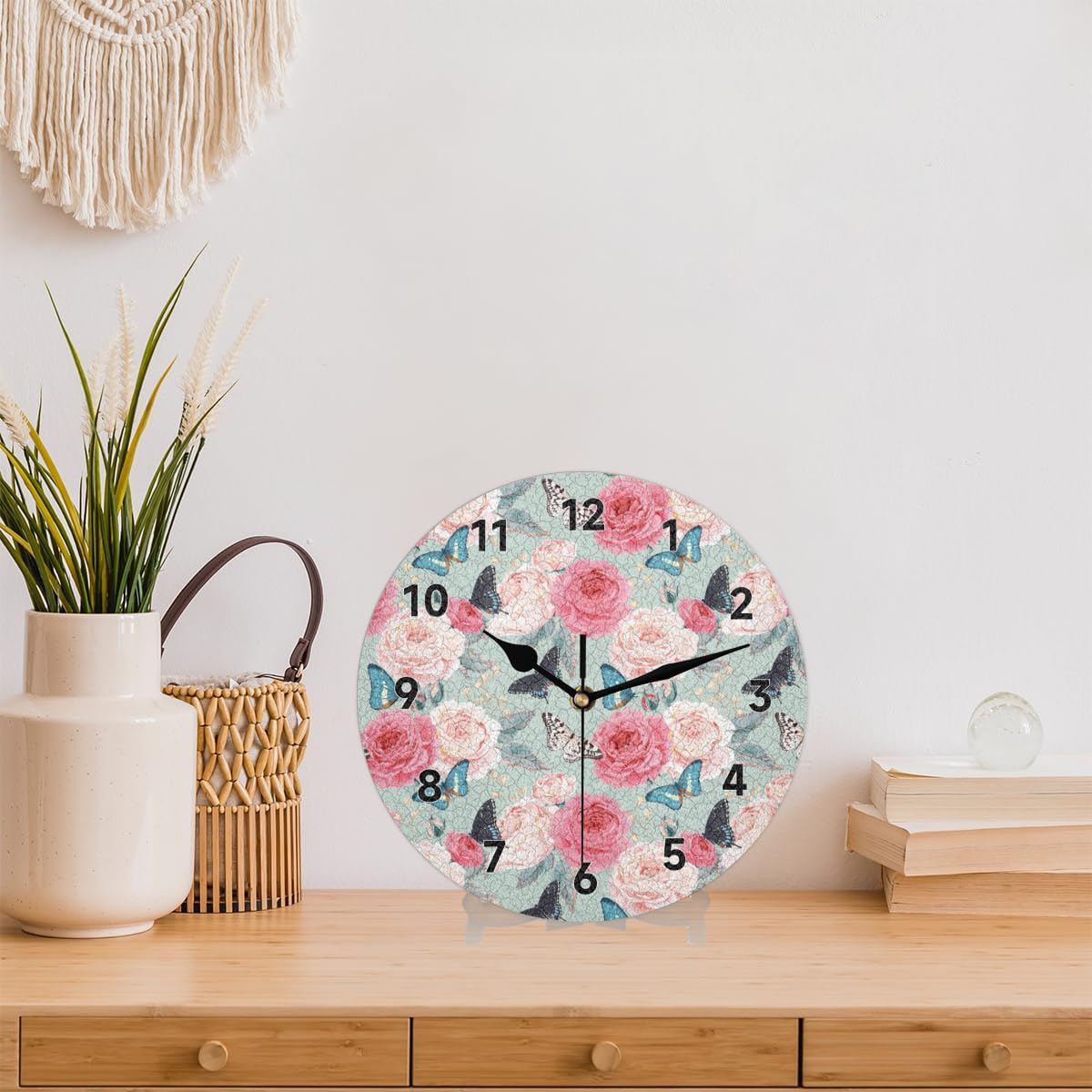 Reloj de pared redondo decorativo con diseño de mariposa rosa de 12 pulgadas, moderno, funciona con pilas, para cocina, sala de estar, dormitorio,
