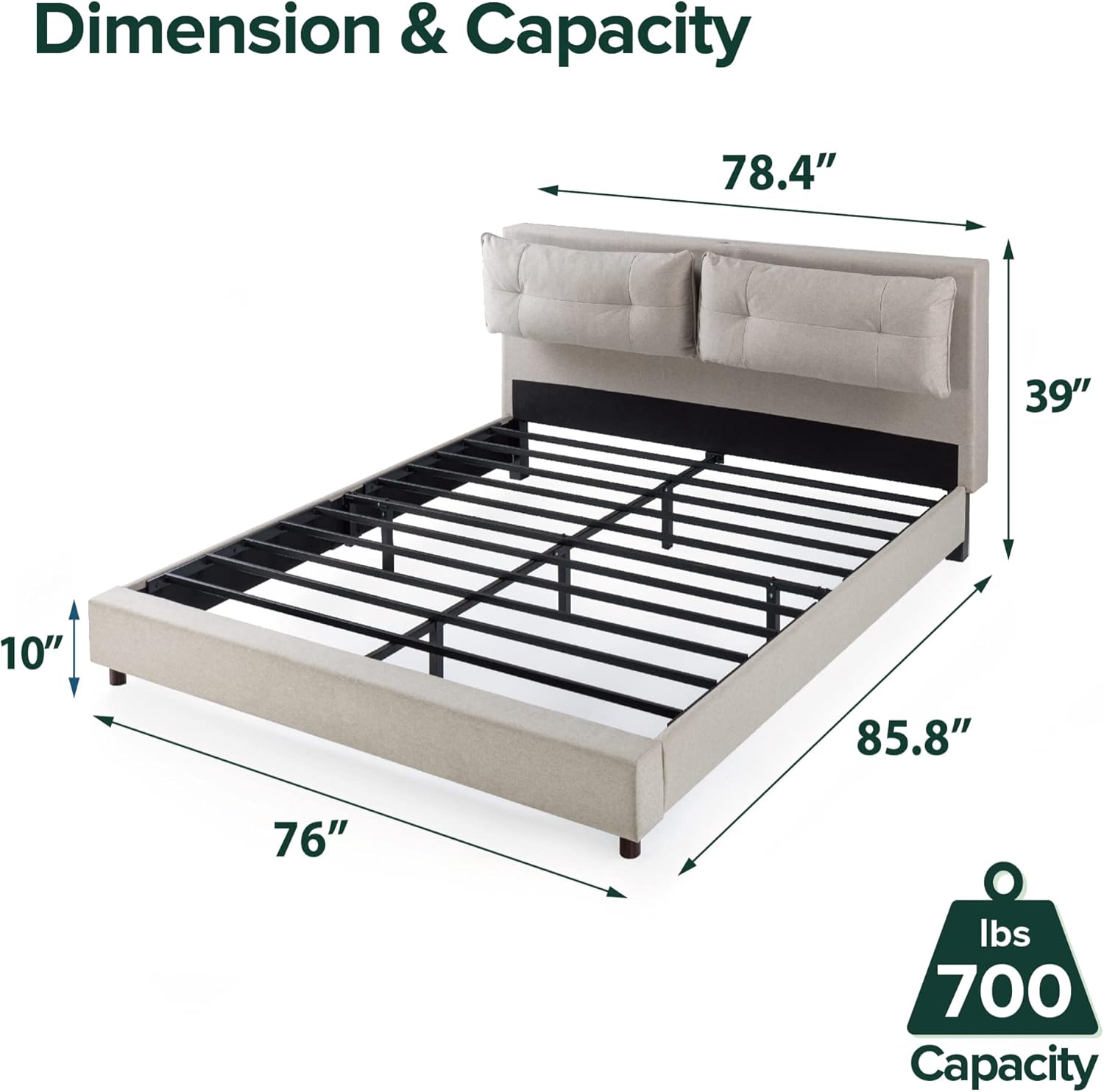 ZINUS Avery – Cama de plataforma con cabecero reclinable y puertos USB, no necesita somier, cabecero ajustable acolchado con altura personalizable,
