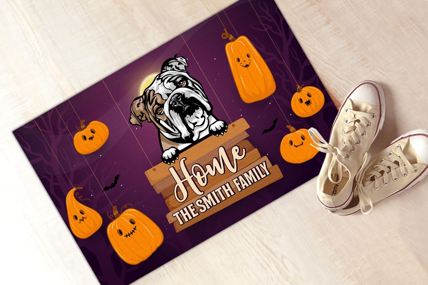 Kobalo Tapete personalizado de bulldog inglés, divertido tapete de Halloween para puerta de perro, calabaza aterradora, felpudo de bienvenida, para