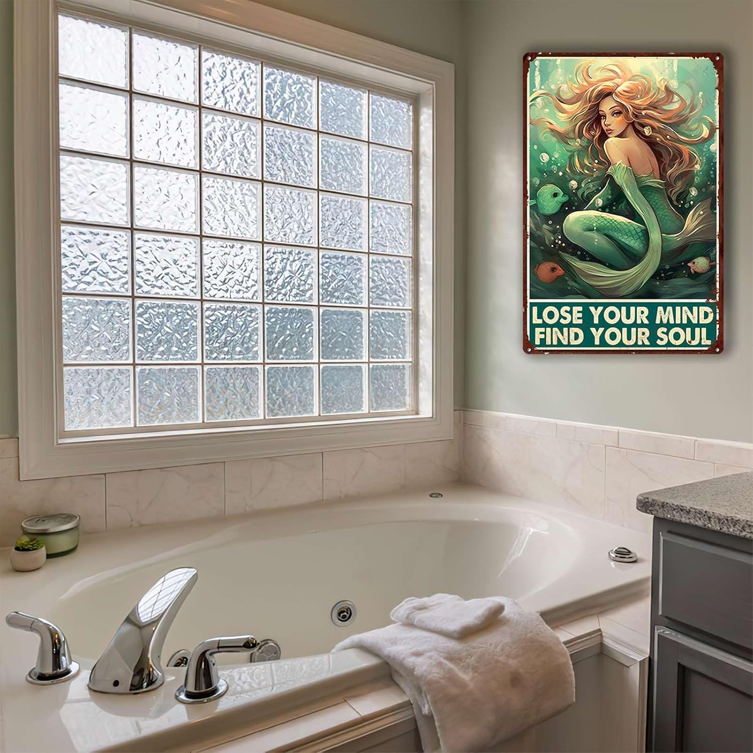 Letrero de metal con texto en inglés “Lose Your Mind Find Your Soul”, diseño de sirena para pared, 8.00 x 12.00 pulgadas