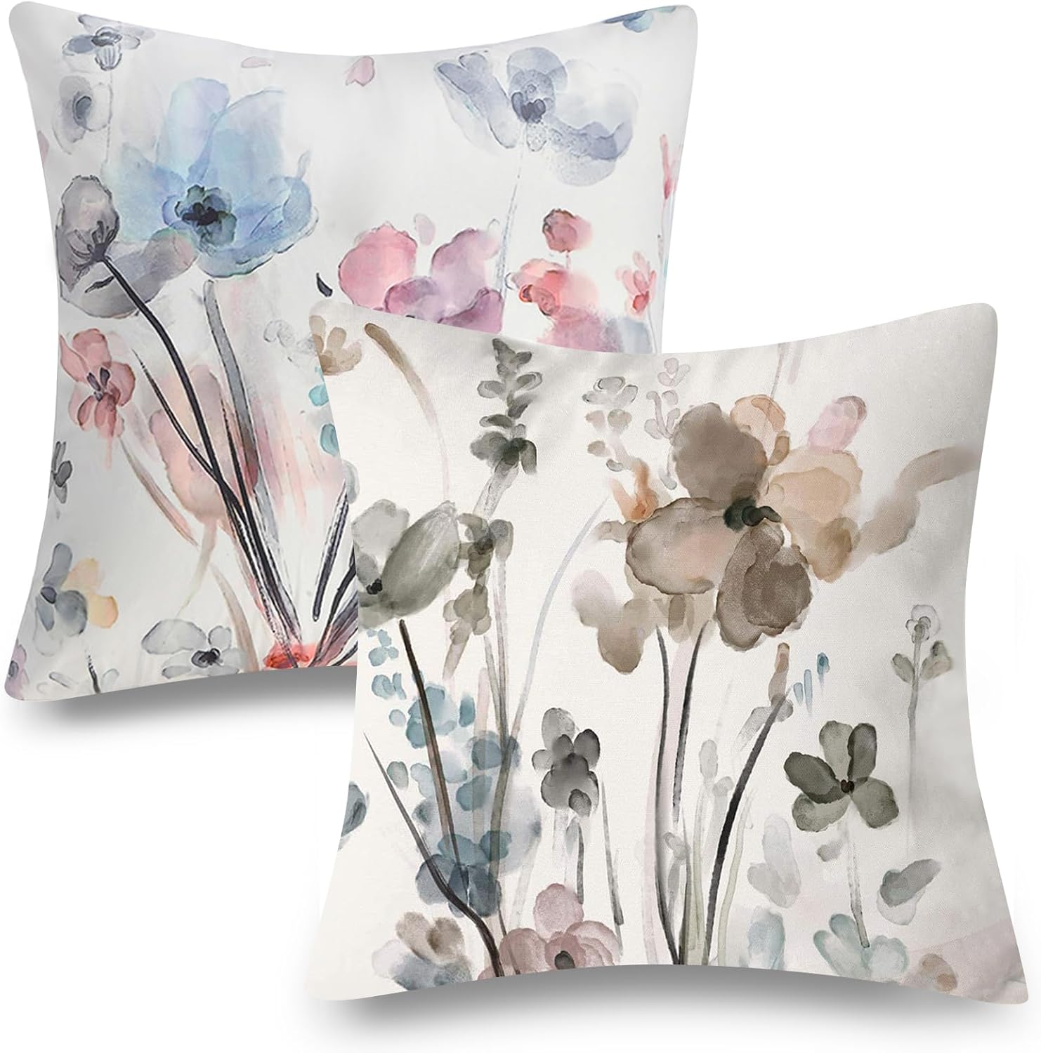 Dixutzi Juego de 2 fundas de almohada florales de 20 x 20 pulgadas, fundas de cojín florales de acuarela verde azulado, marrón, crema y gris, fundas