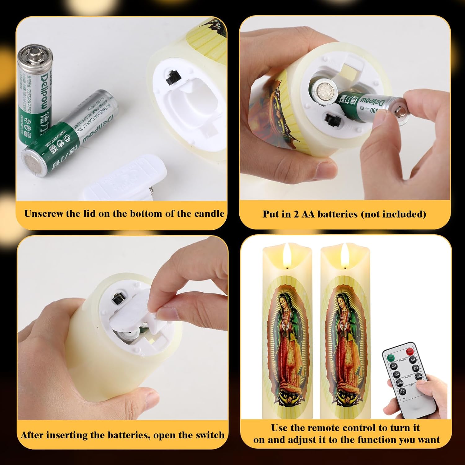 Juego de 2 velas LED de oración sin llama de Nuestra Señora de Guadalupe de cera real, velas religiosas de devoción, decoración religiosa, regalo