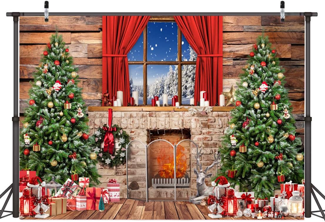 AIIKES Telón de fondo de Navidad de 7 x 5 pies para fotografía de madera de Navidad, ventanas, árbol de Navidad, regalos de árbol de Navidad, telón