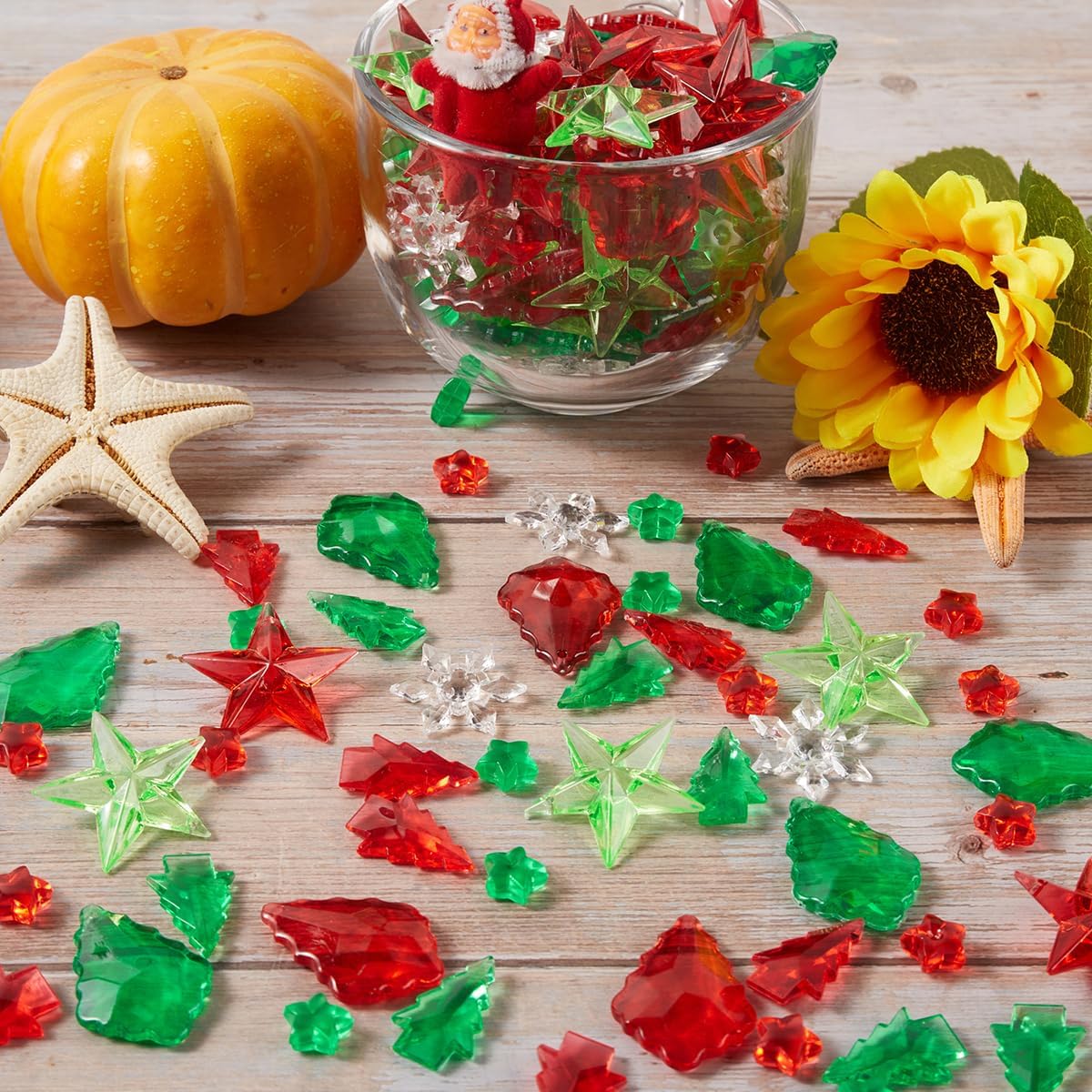 180 piezas de copos de nieve de pino acrílico con forma de estrella, color rojo y verde, gemas de cristal de Navidad para dispersión de mesa,
