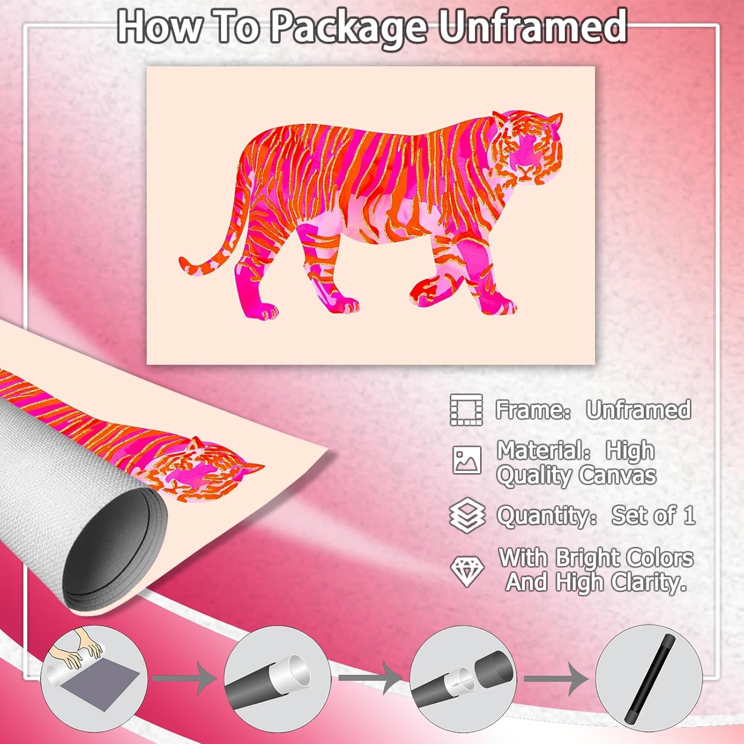 BNGFDV Lienzo de tigre rosa y naranja funky para pared, póster moderno de animales preparados para dormitorio de niñas, dormitorio universitario,
