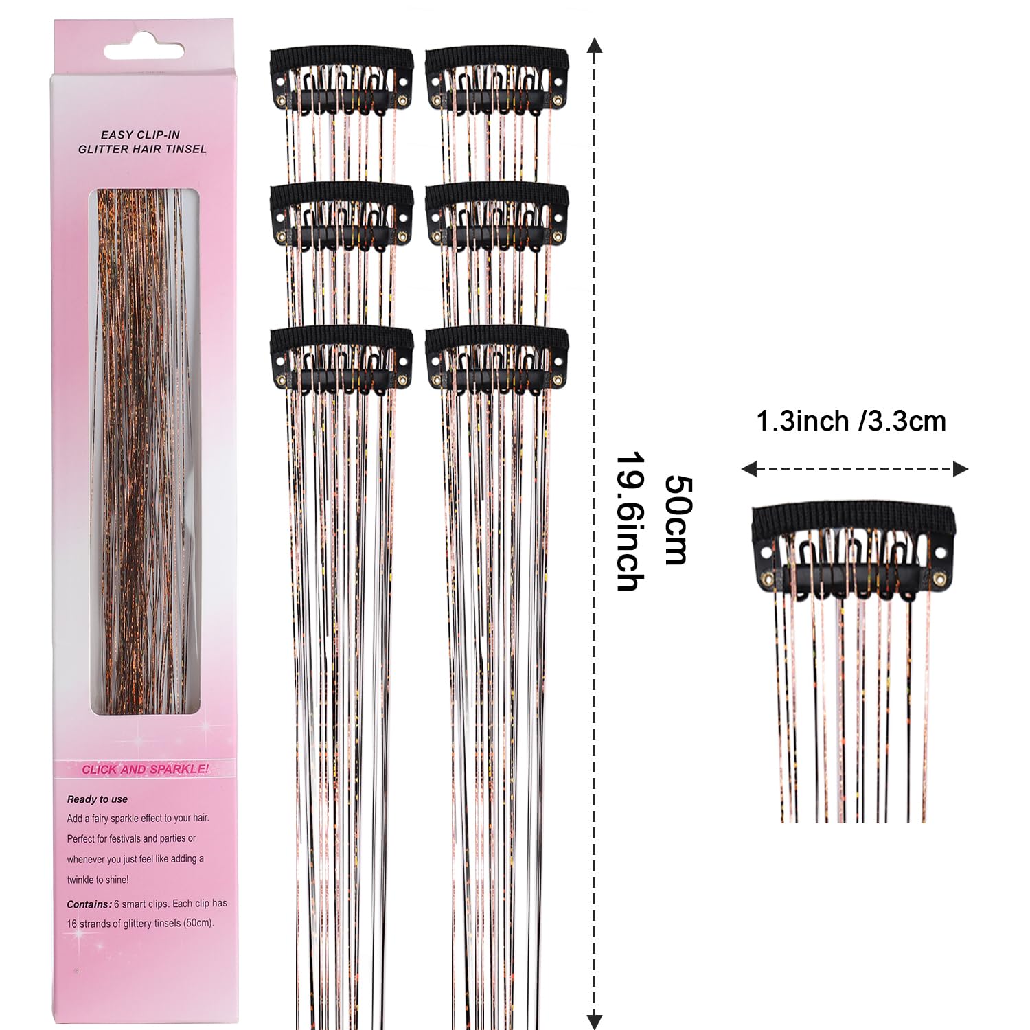 COSHONWOL – 6 clips de oropel para el cabello, kit de oropel con clip de 19.6 pulgadas, kit de oropel con purpurina, accesorios para fiestas de