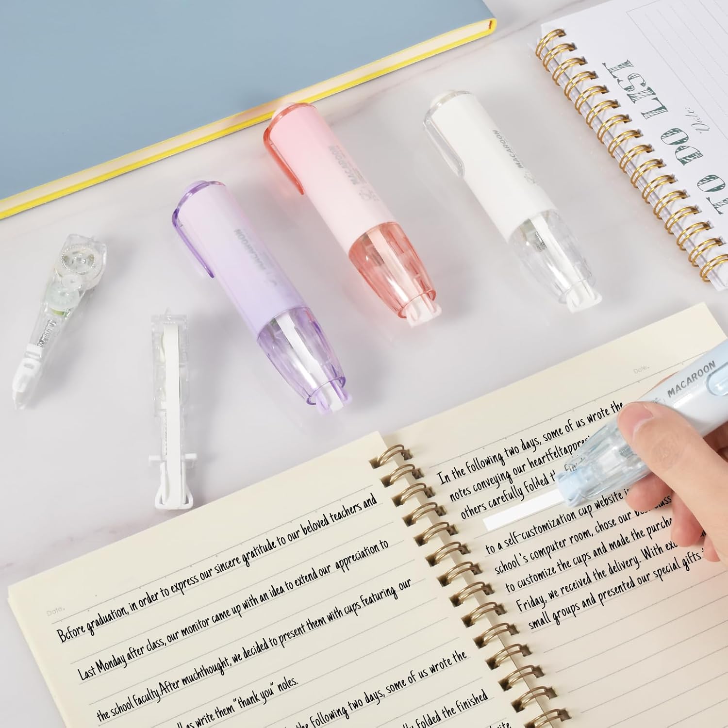 Cintas opacas retráctiles recargables para corrección instantánea, bonitos bolígrafos blancos con 3 aplicadores de cinta de repuesto para