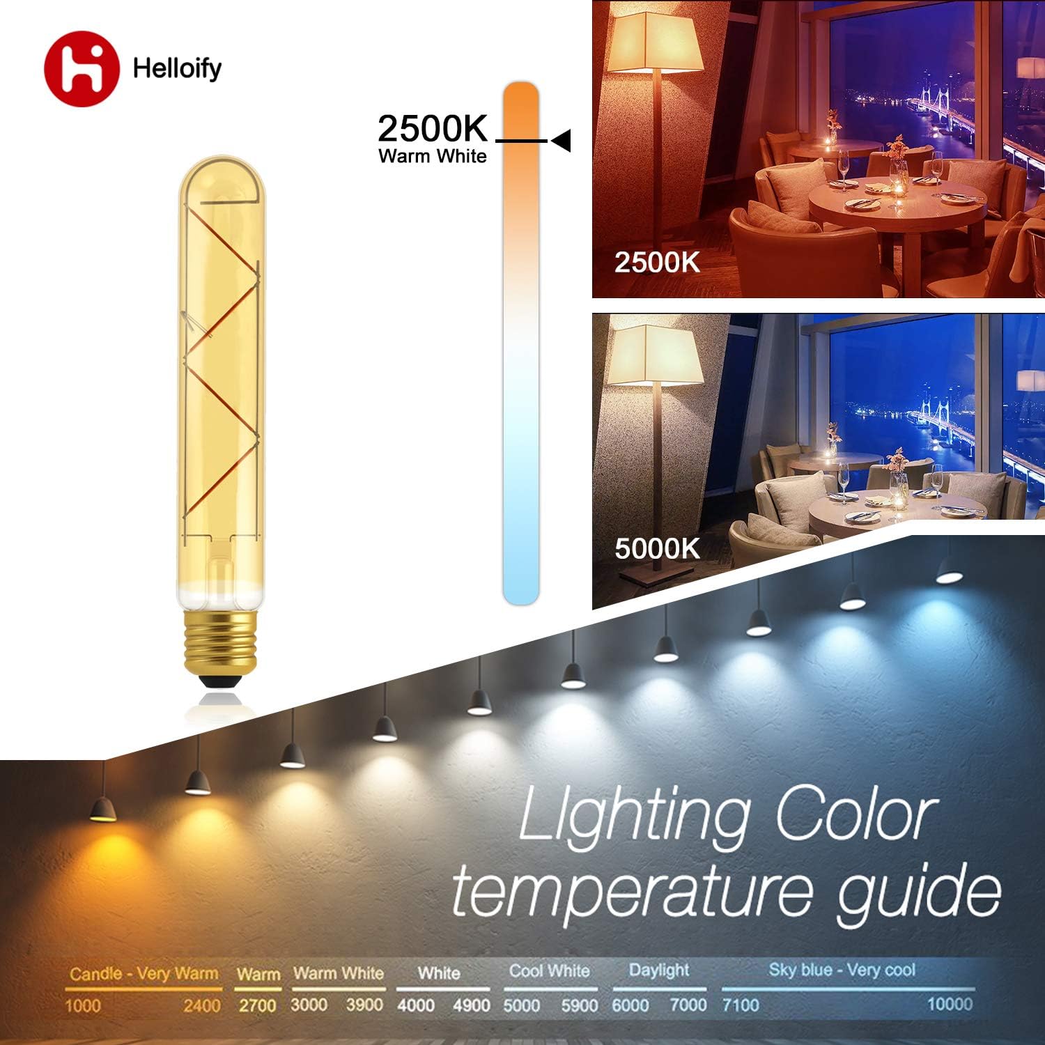 Bombilla tubular Edison LED vintage regulable T10, equivalente a 40 W, alto brillo, luz blanca cálida de 2500 K, vidrio ámbar, luz de cubierta de