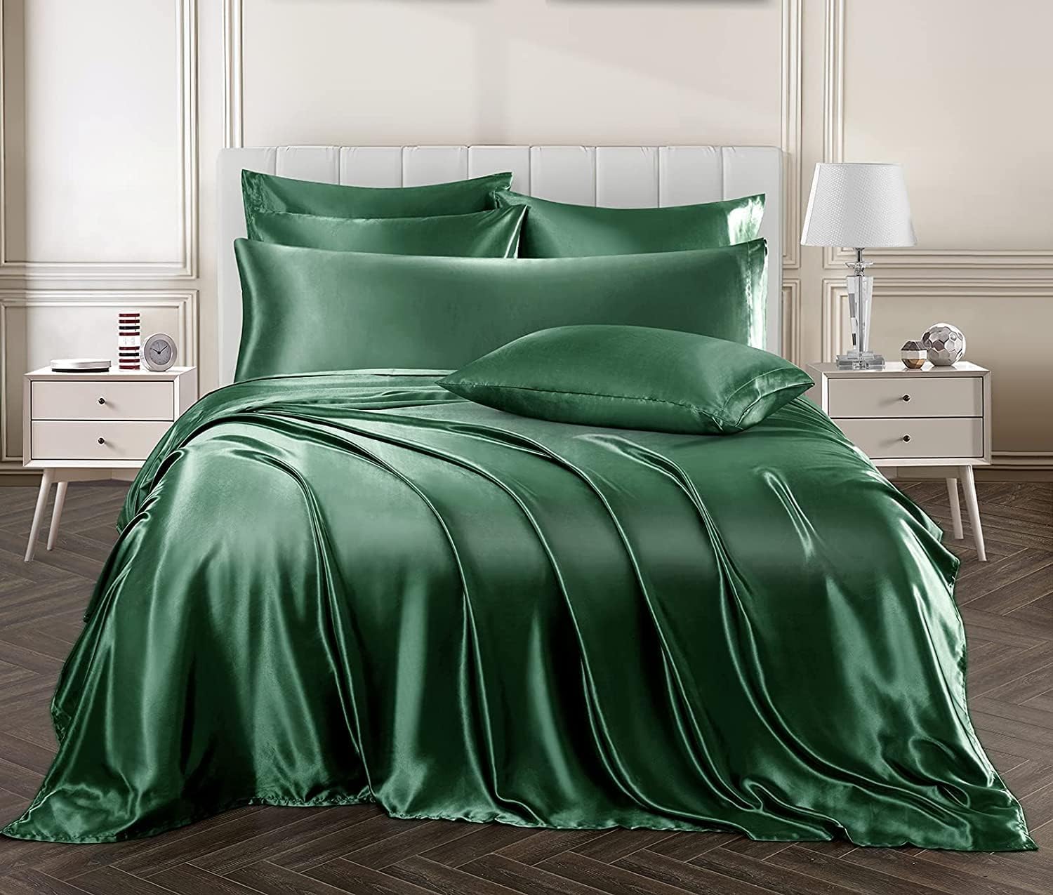 RMS BEDDING Juego de sábanas de satén de seda de 7 piezas, tamaño Queen, color verde esmeralda con 1 sábana bajera de bolsillo profundo de hasta 15